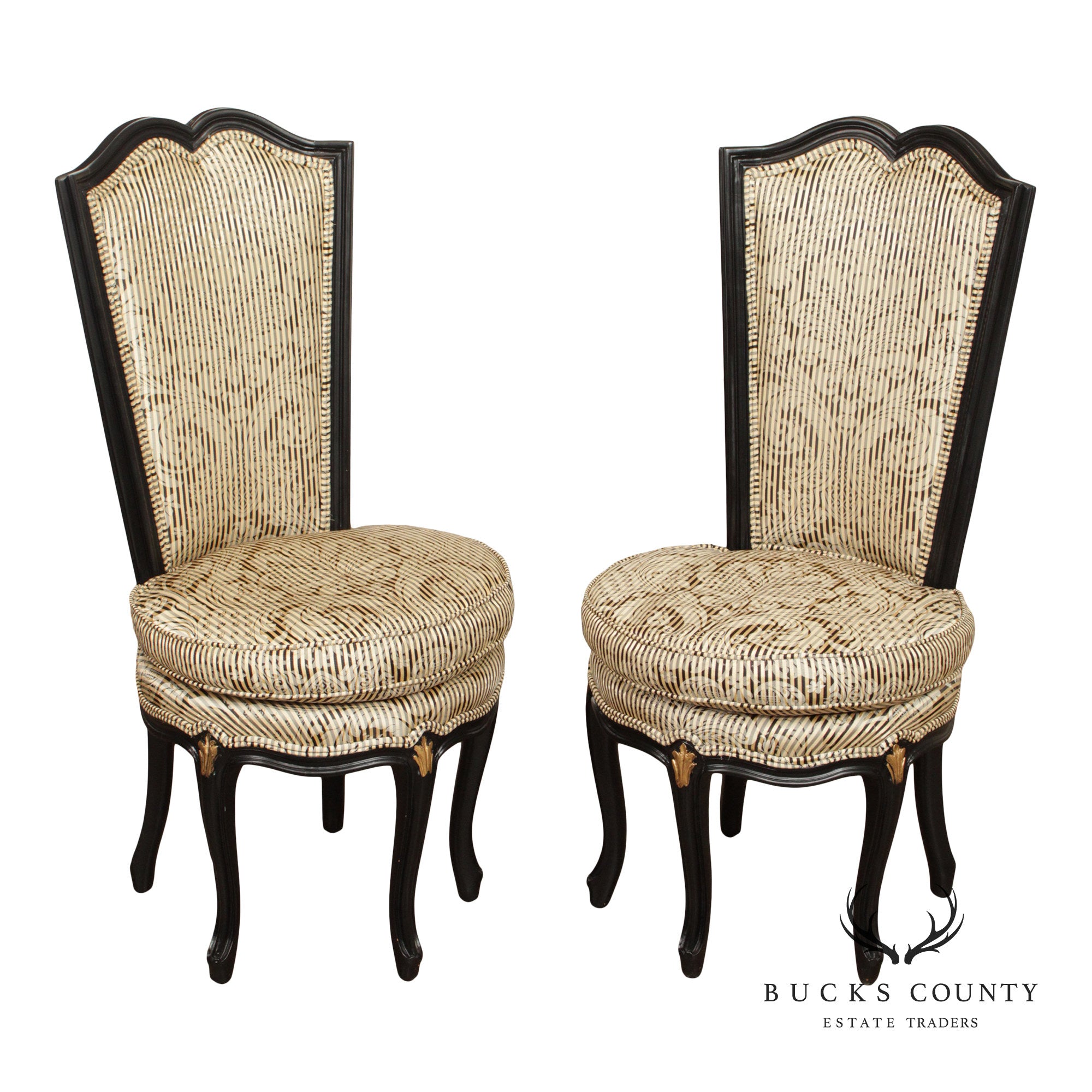 Italian Rococo Style Pair of Ebonized and Partial Gilt Side Chairs