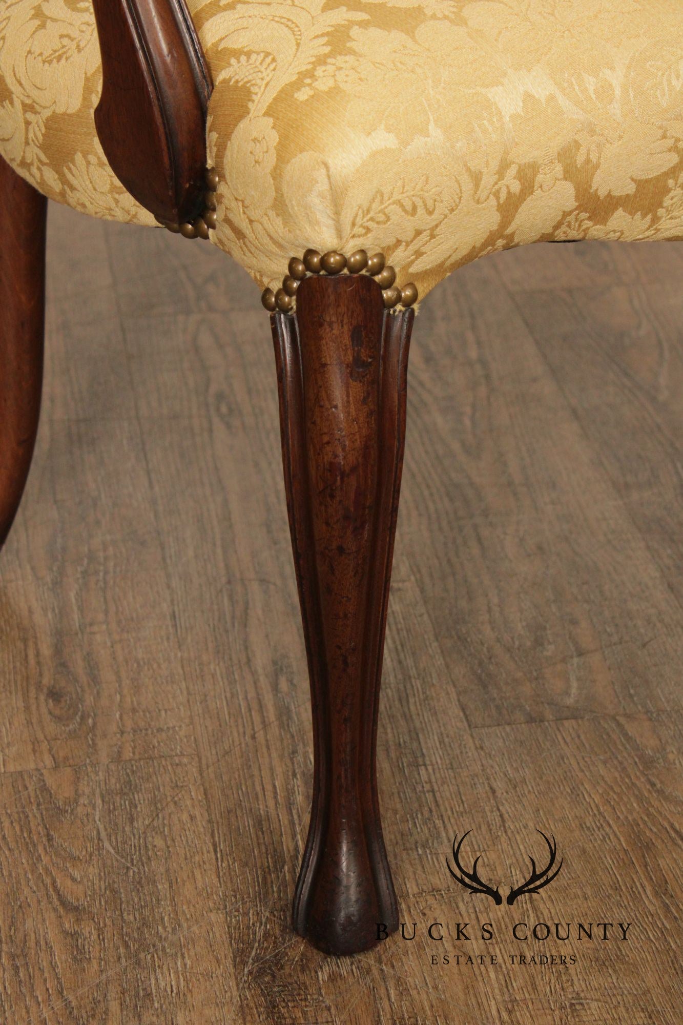 Queen Anne Style Vintage Pair of Mahogany Upholstered Armchairs