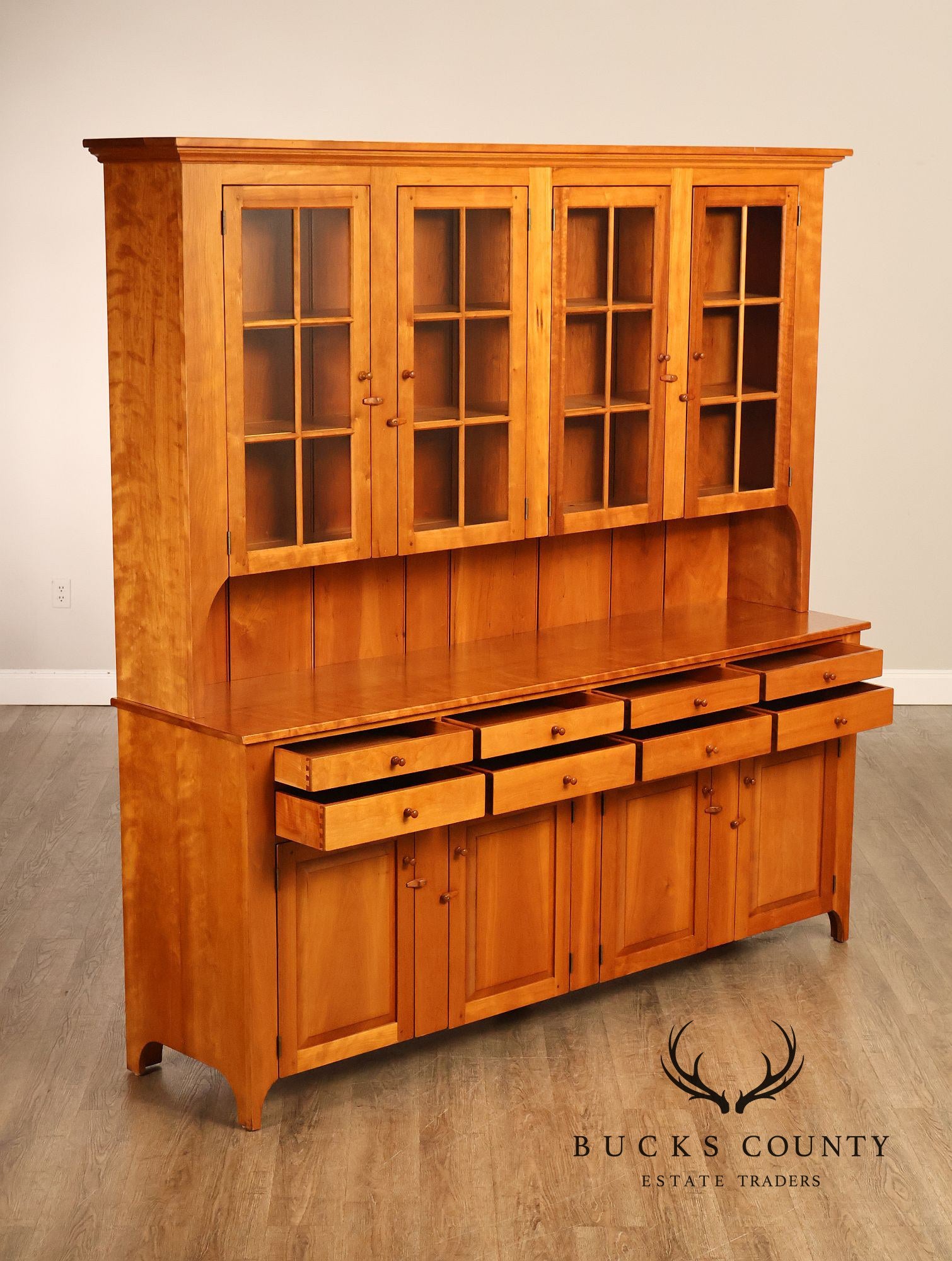 Shaker Shoppe Cherry Stepback Cupboard With Glass Door Hutch
