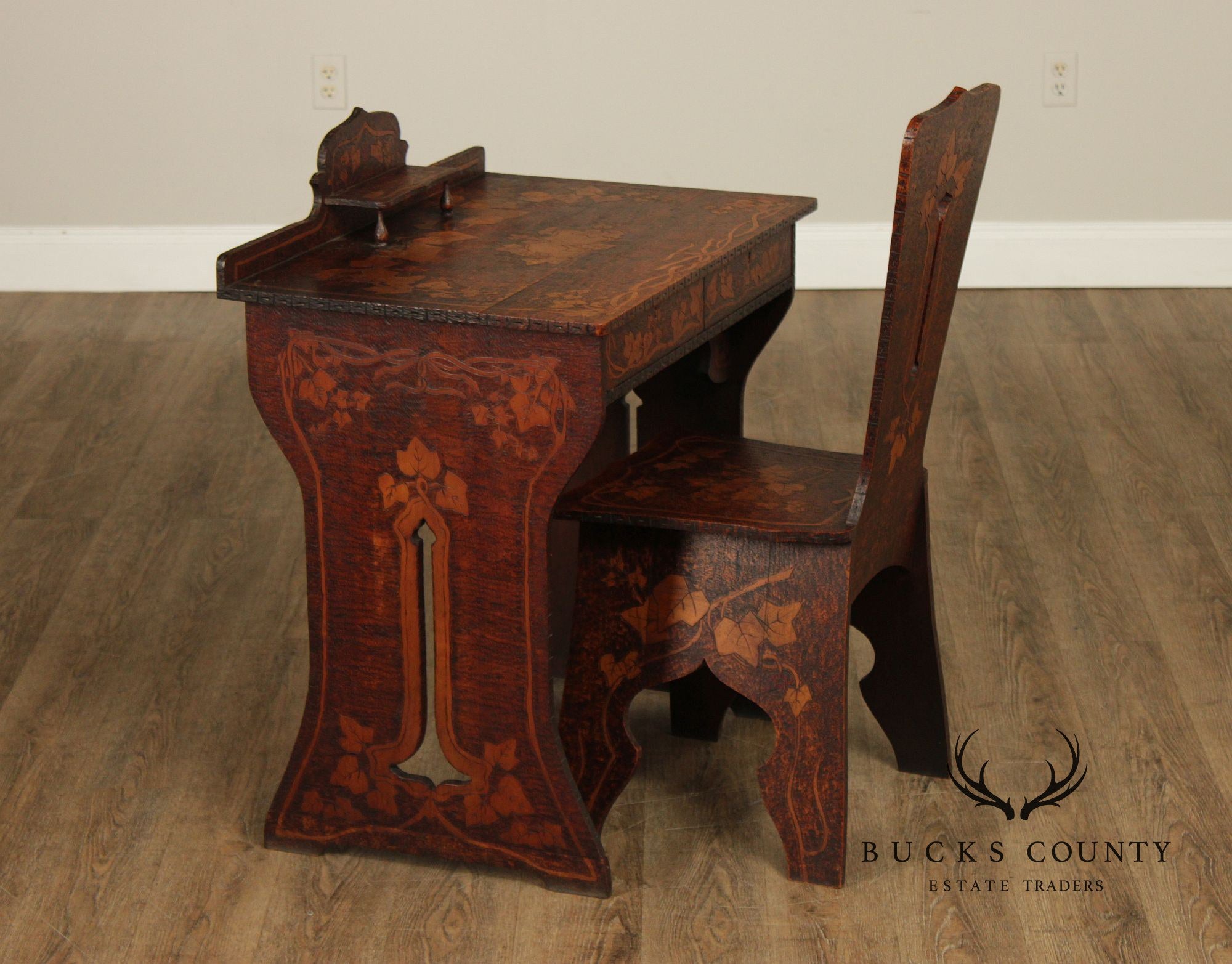 Antique Art Nouveau Style Carved And Pyrography Writing Desk And Chair Set