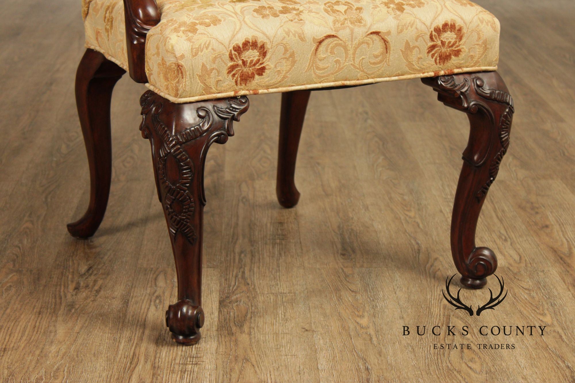 Henredon Scroll and Floral Upholstered Cabriole Leg Armchairs