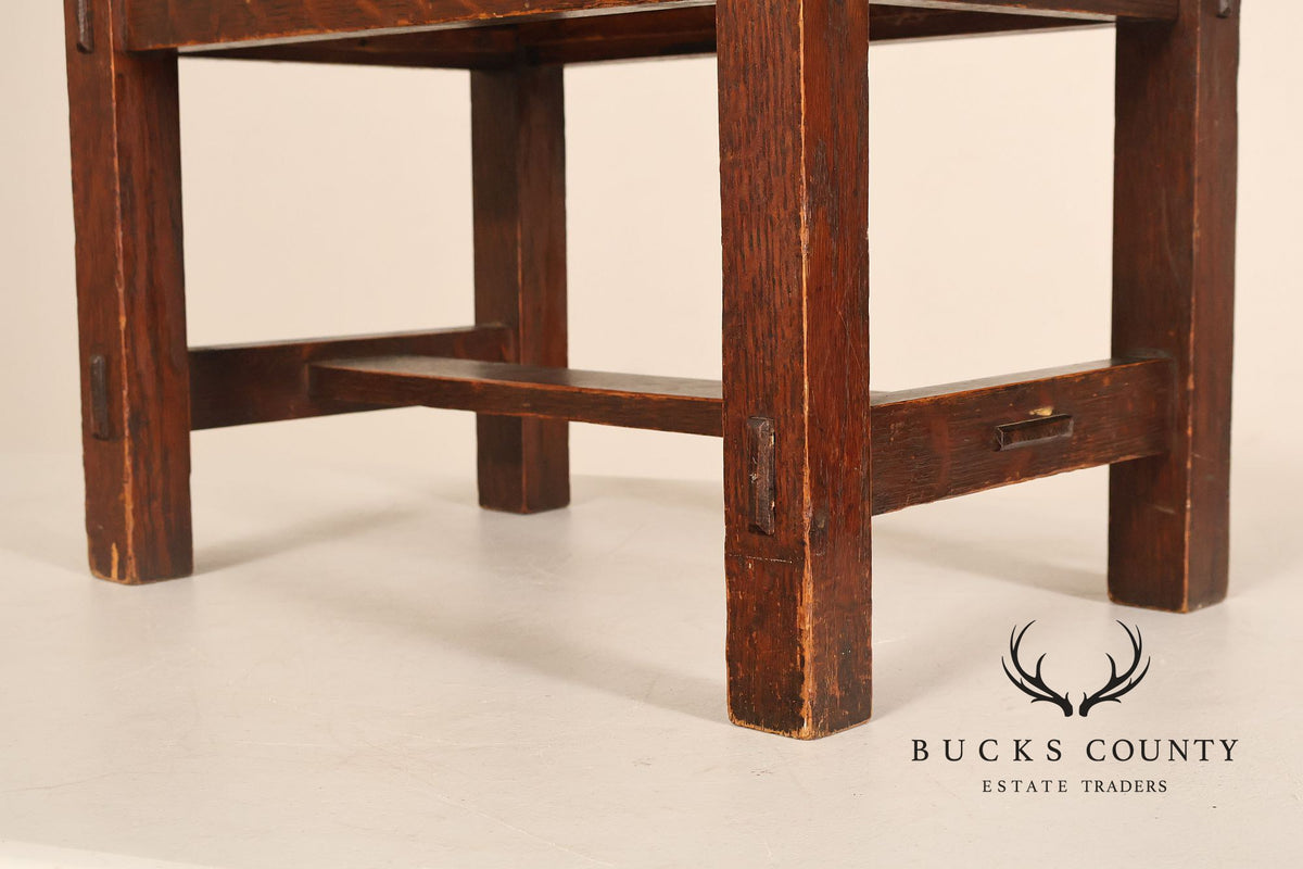 Arts And Crafts Oak Footstool With Leather Upholstered Seat