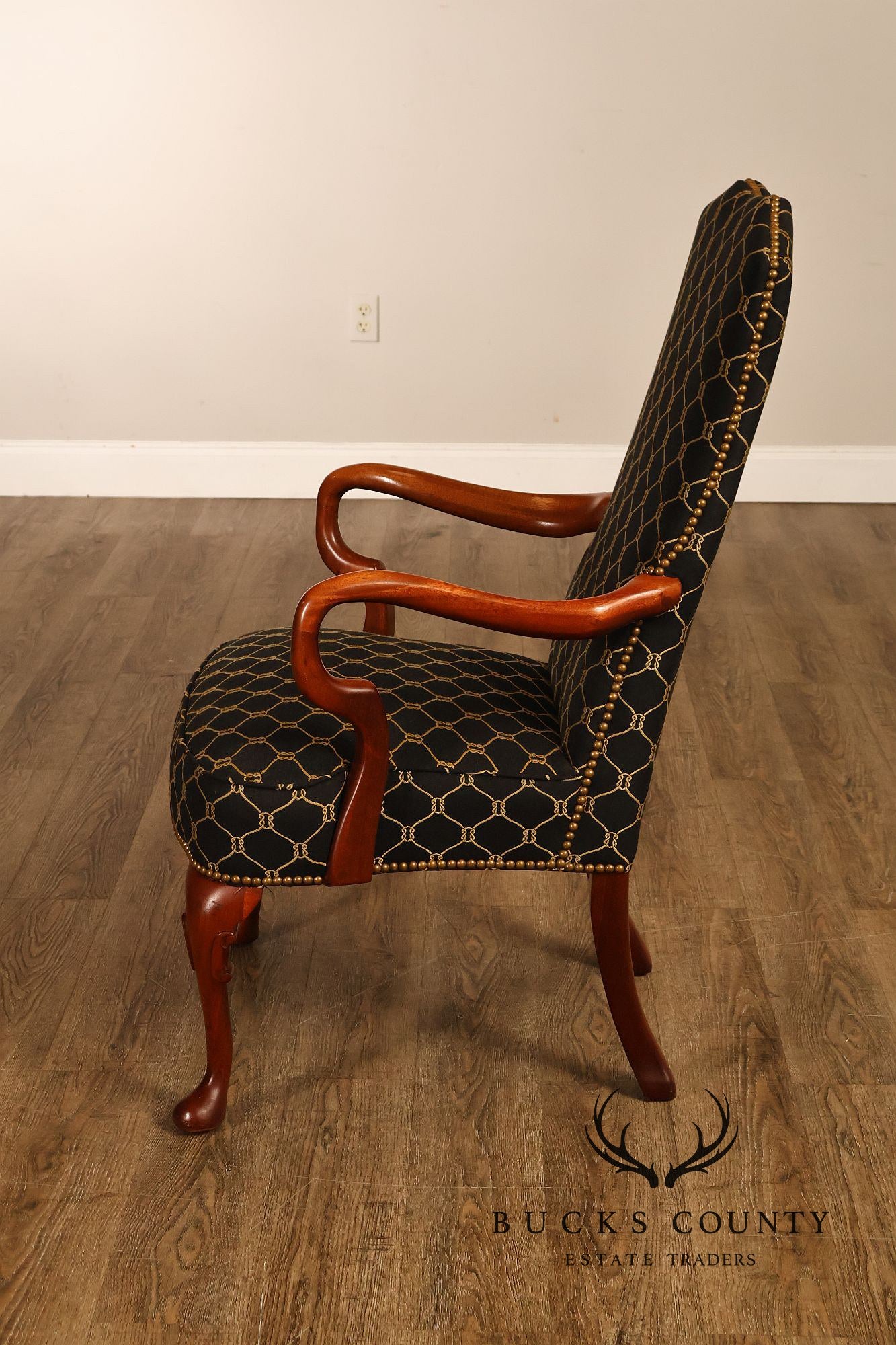 Queen Anne Style Pair Of Tall Back Upholstered Armchairs