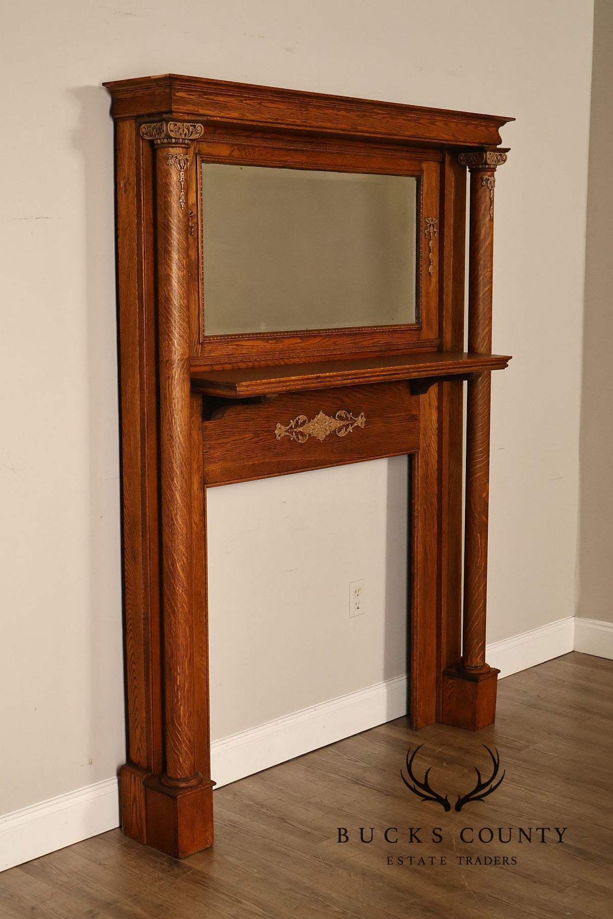 Antique C.B. Atkin Company Victorian Oak Mirrored Fireplace Mantel