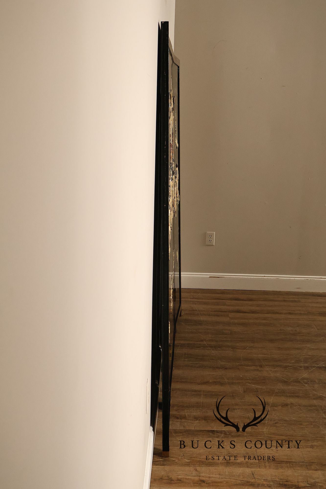Asian Black Lacquer Vintage Pair Of Four Panel Folding Screens With Mother Of Pearl Inlay
