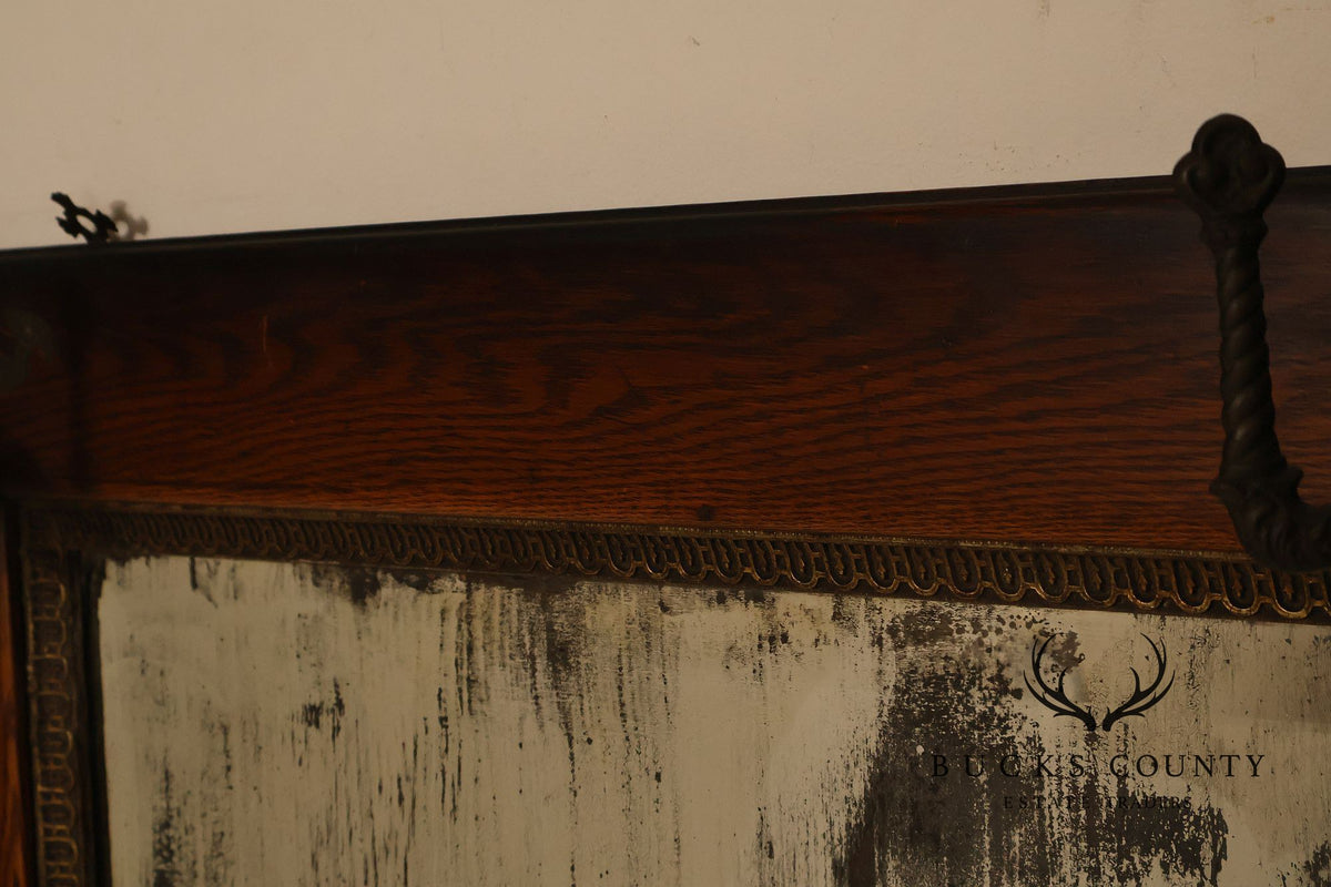 Antique Victorian Oak Wall Mirror With Cast Iron Coat Hooks