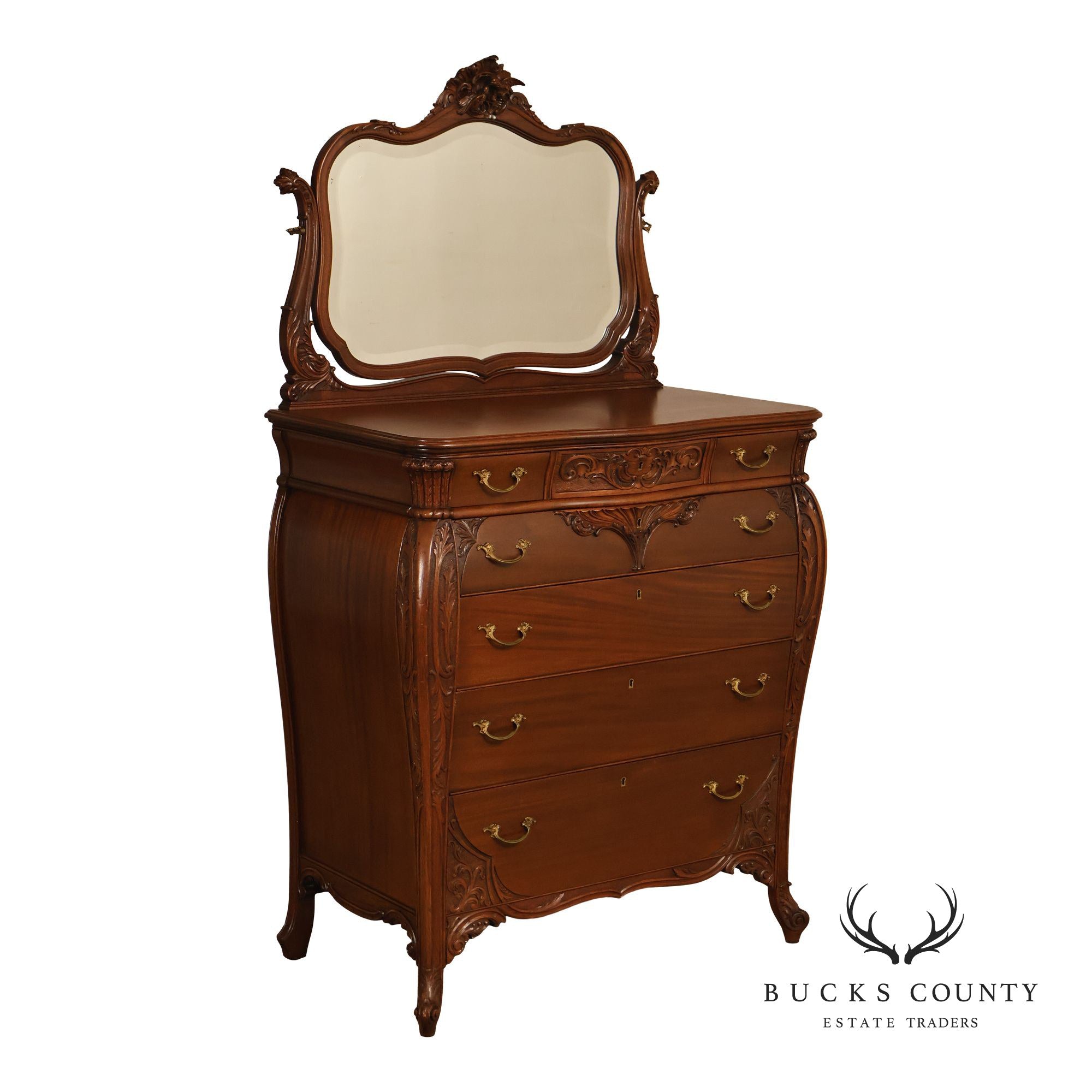Antique R. J. Horner Carved Mahogany High Chest Of Drawers With Mirror
