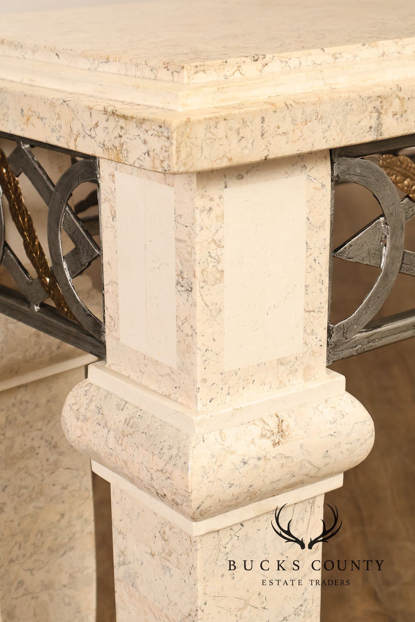 Neoclassical Style Travertine Console Table With Metal Stretcher