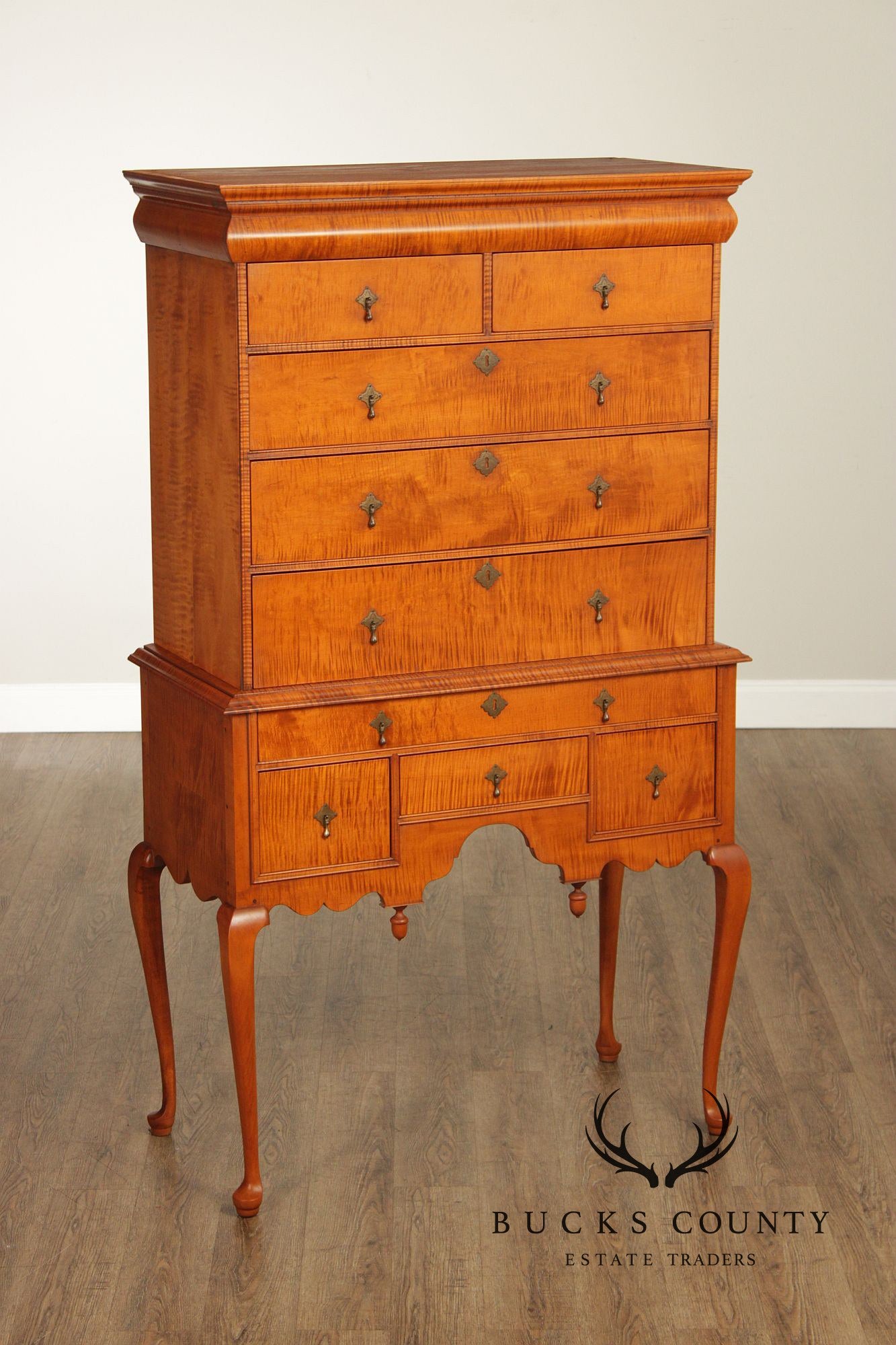 Simms & Thayer Queen Anne Style Tiger Maple Highboy