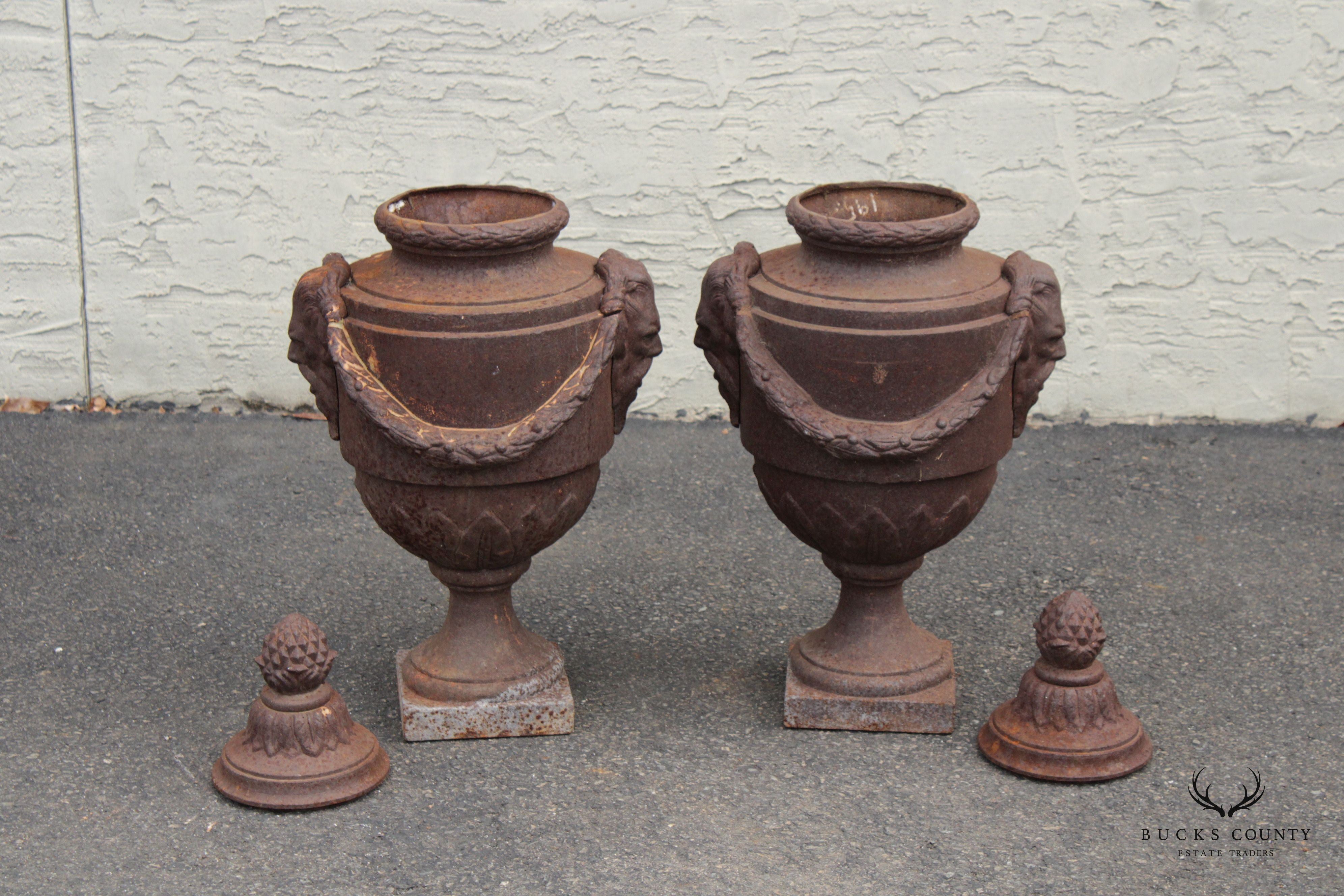 Classical Style Pair of Cast Iron Outdoor Garden Urns