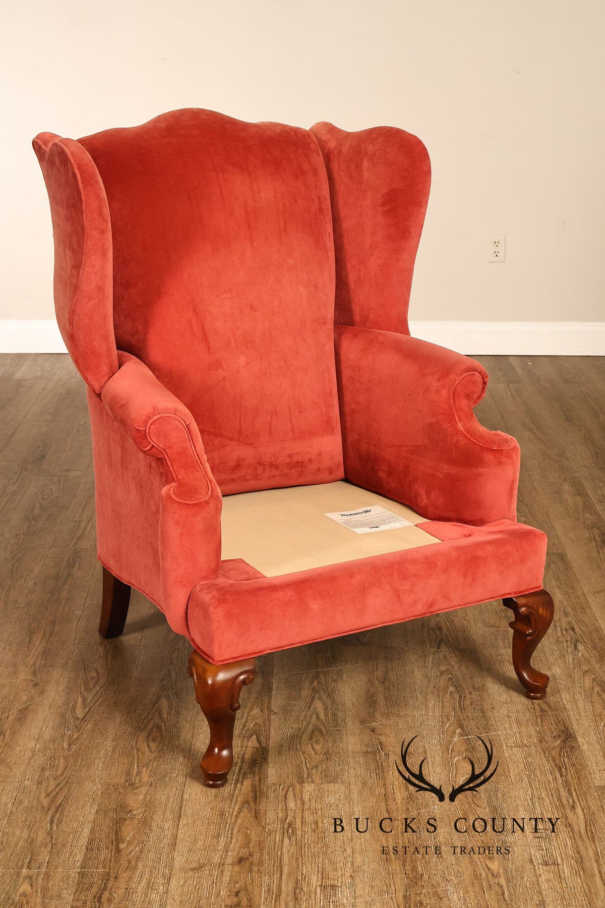 Thomasville Pair Of Traditional Coral Velvet Wingback Chairs