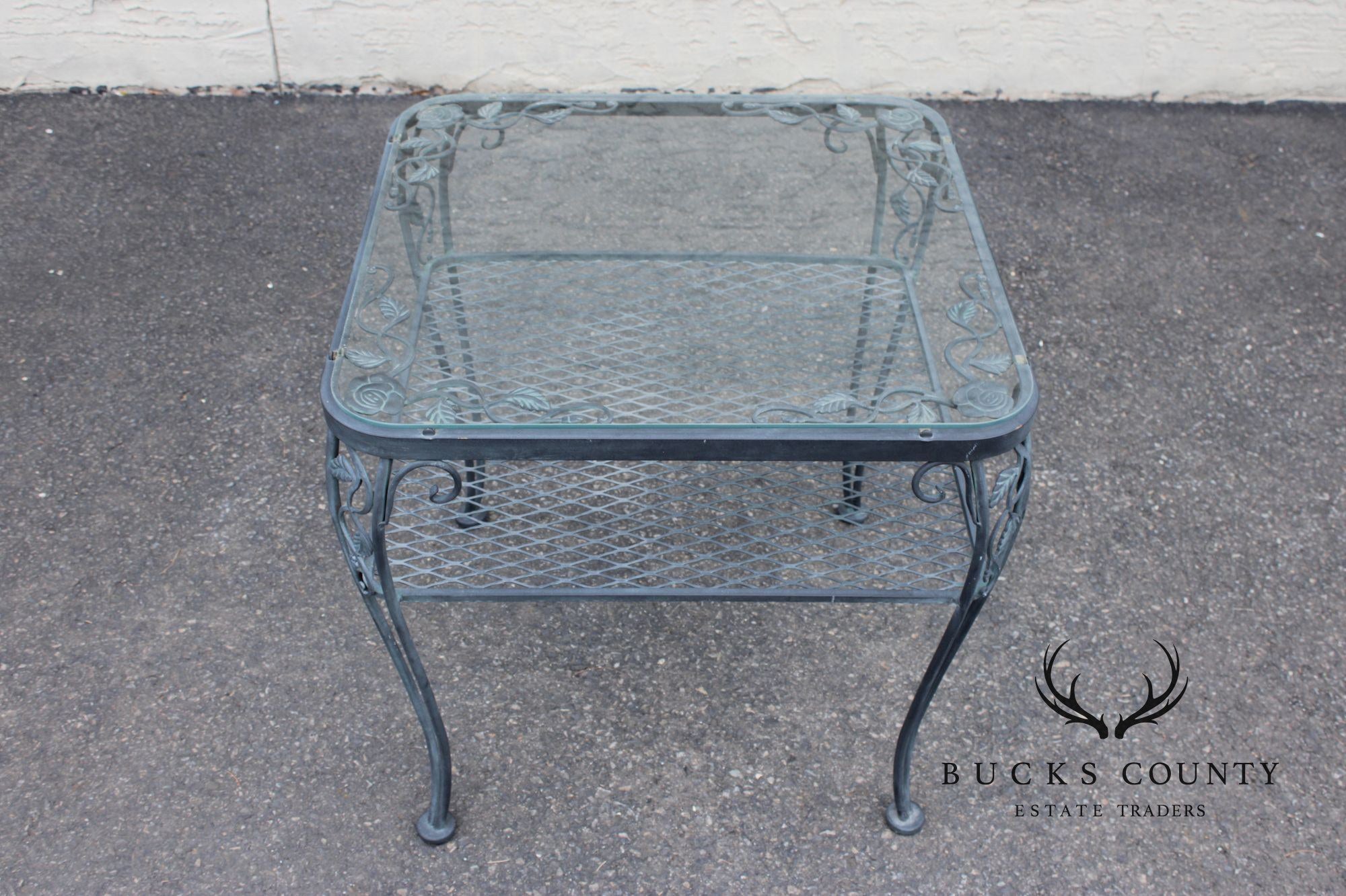 Woodard 'Chantilly Rose' Glass Top Wrought Iron Patio Side Table