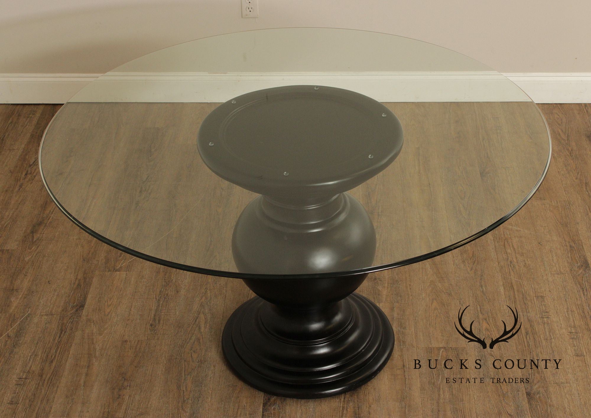 Contemporary Round Glass Top Ebonized Pedestal Dining Table