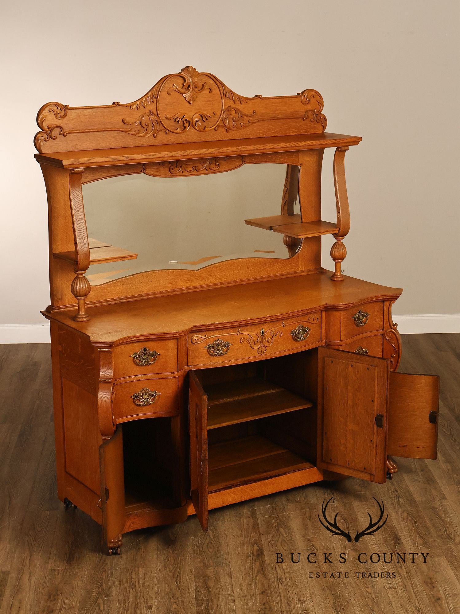 Antique Renaissance Revival Oak Sideboard with Mirrored Back