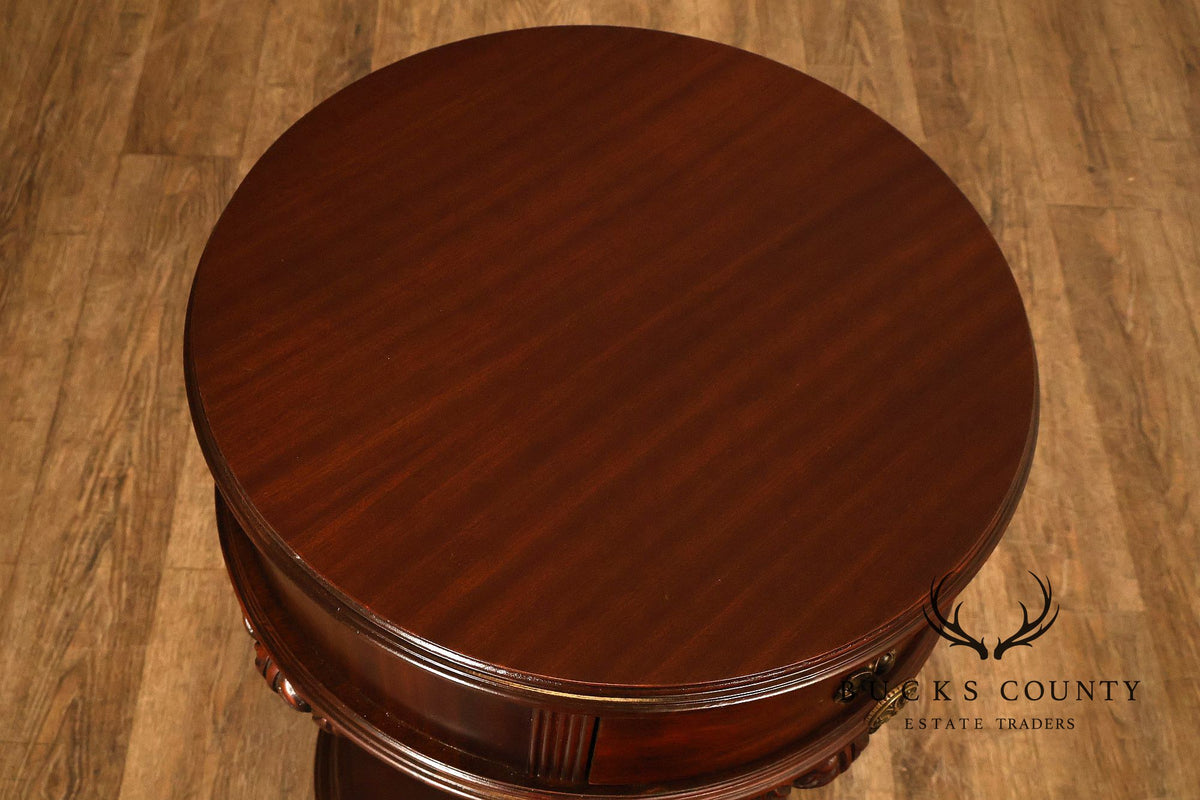 Carved Mahogany Pair Of Round Pedestal End Tables With A Drawer
