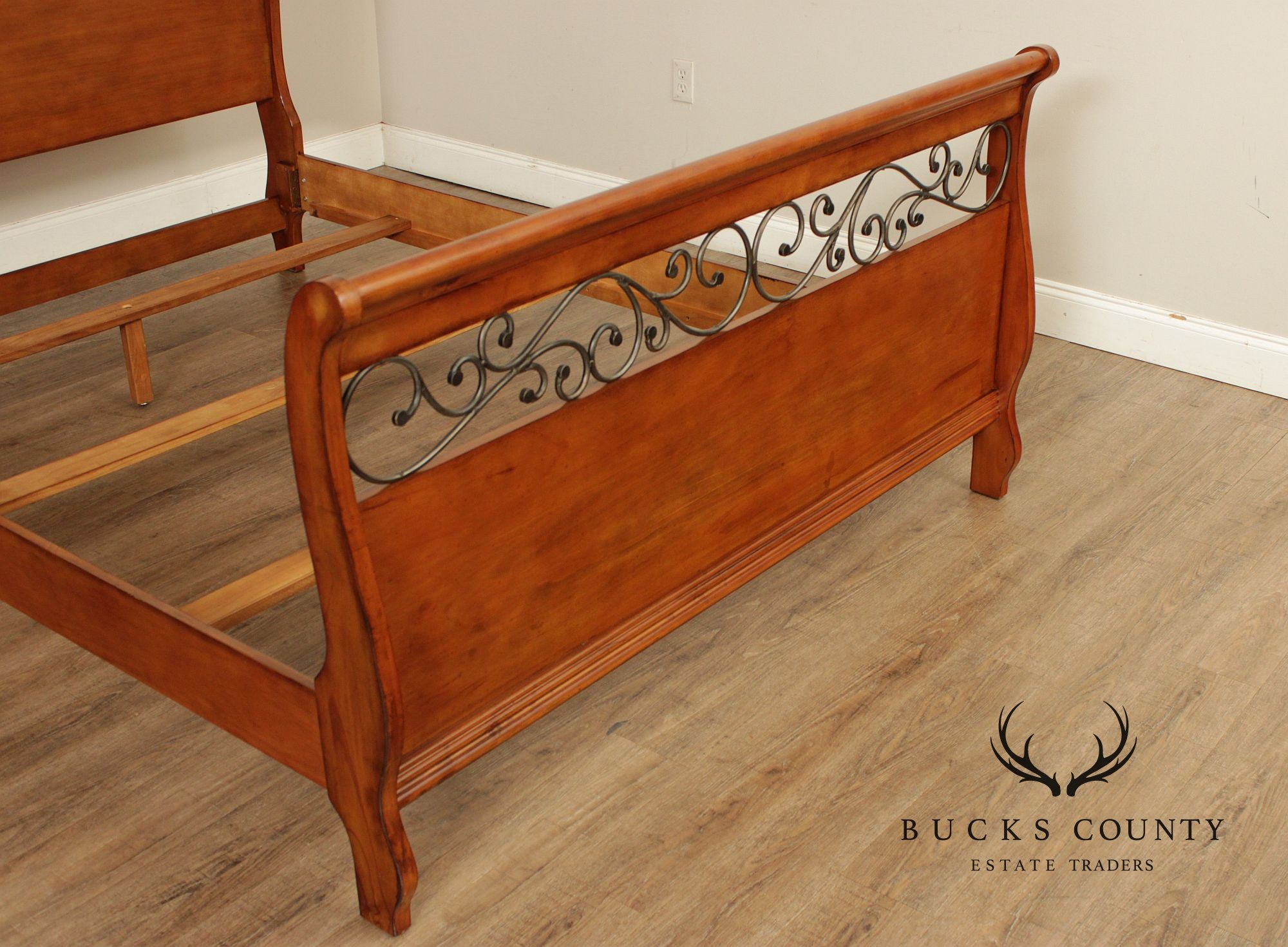 Queen Size Sleigh Bed With Iron Scroll Detail