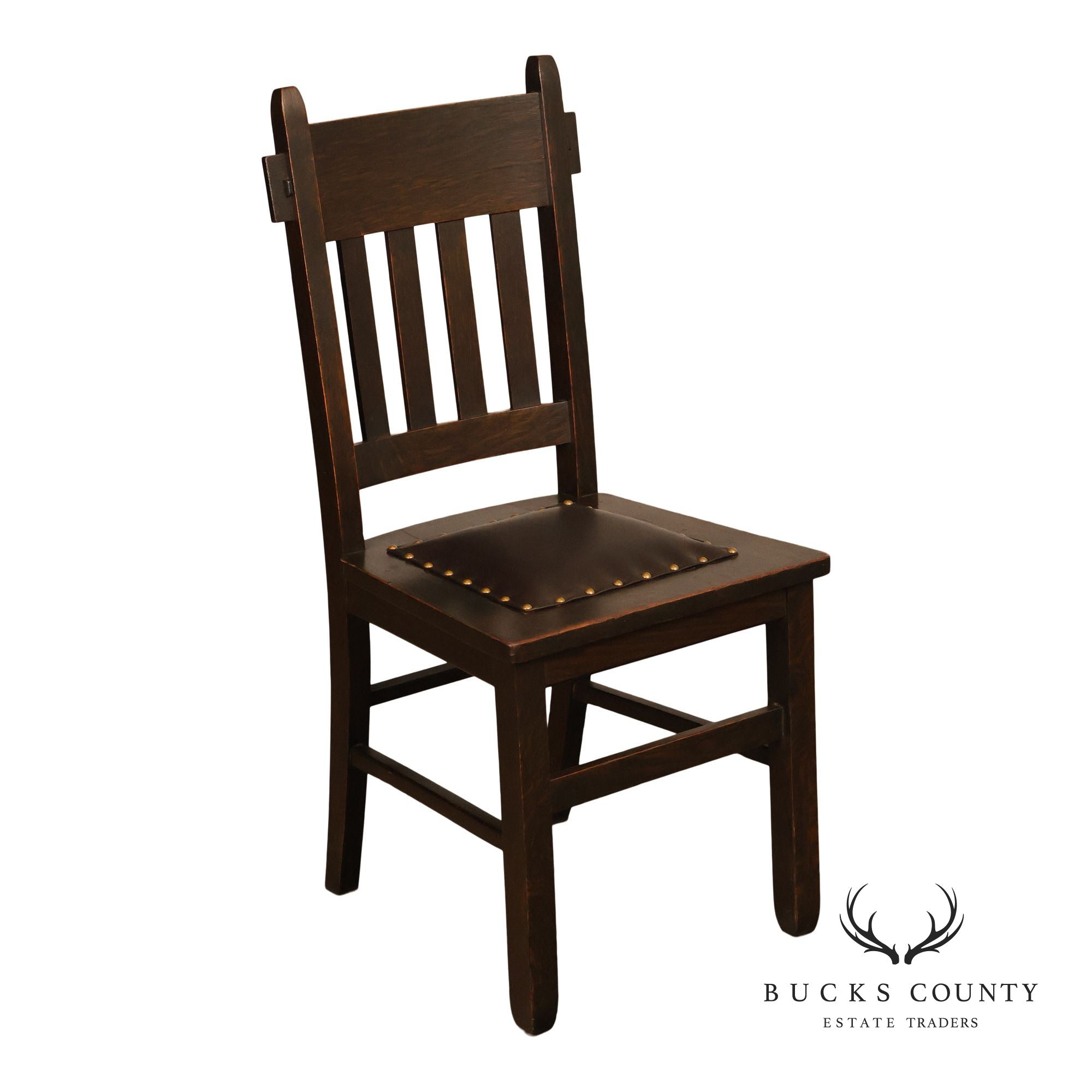 Mission Style Antique Oak Rabbit Ear Side Chair With Leather Seat