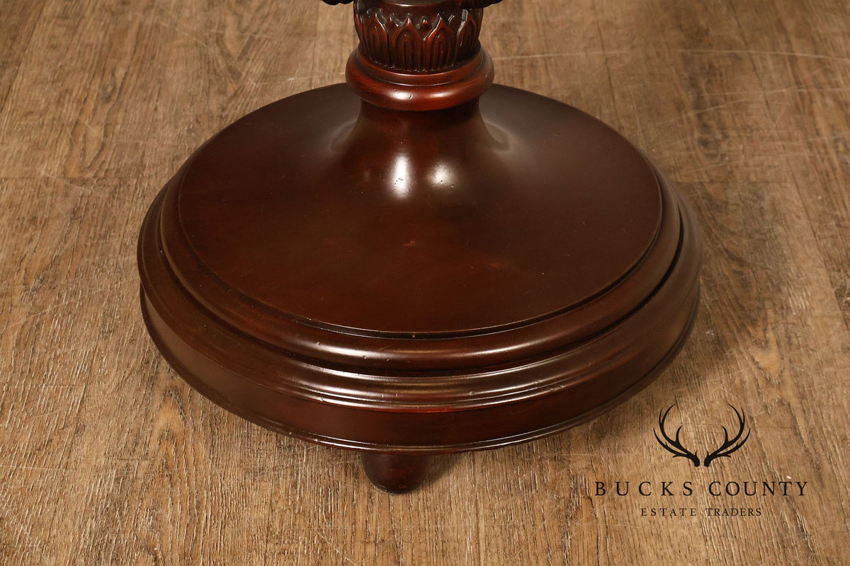 Carved Mahogany Pair Of Round Pedestal End Tables With A Drawer