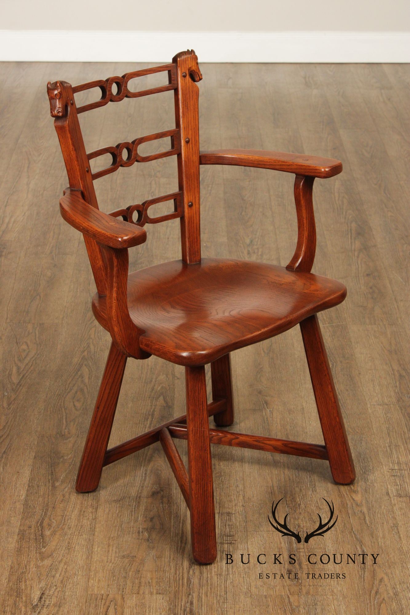 Romweber Set of Six Horse Carved Oak Dining Chairs