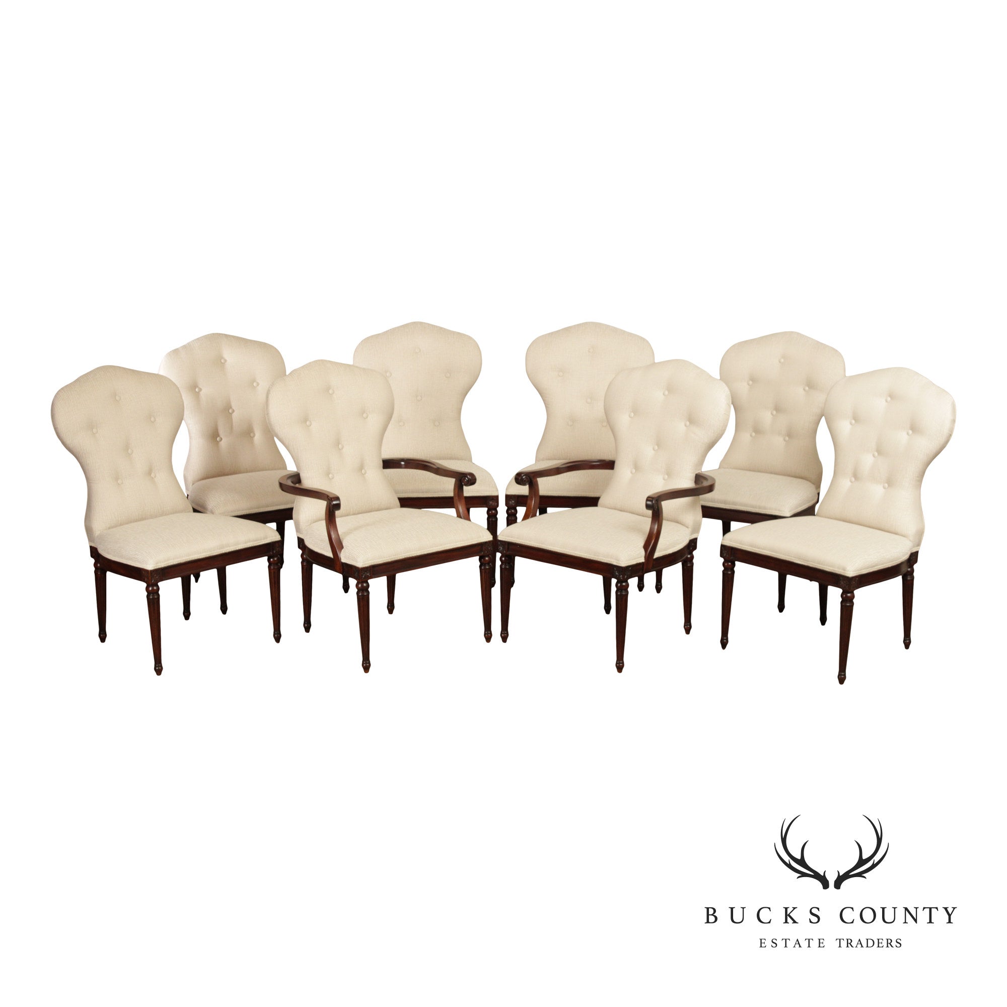 Maitland Smith French Louis XVI Style Set of Eight Mahogany and Upholstered Dining Chairs