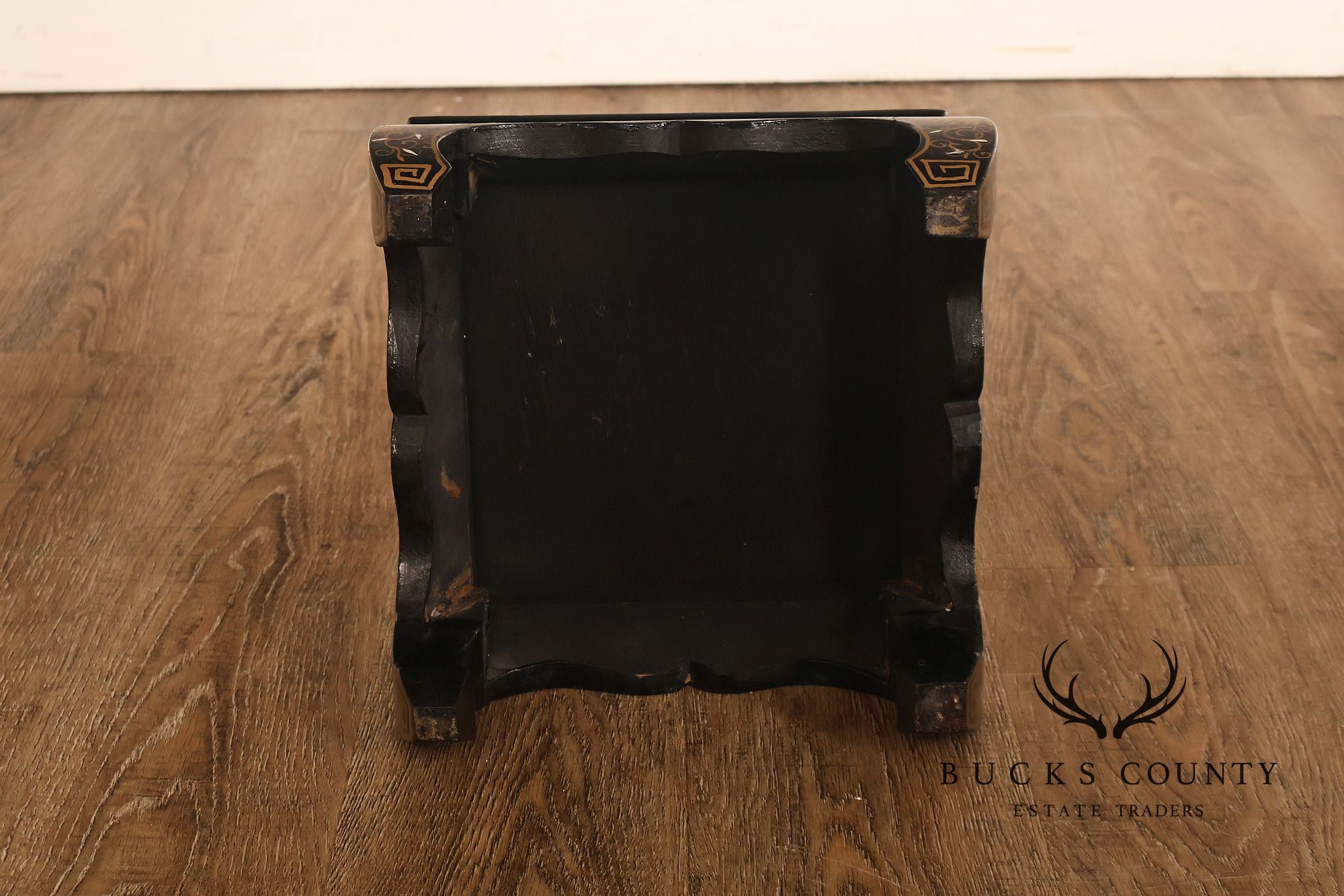 Chinese Black Lacquer Mother Of Pearl Inlaid Figural Planter On Matching Stand