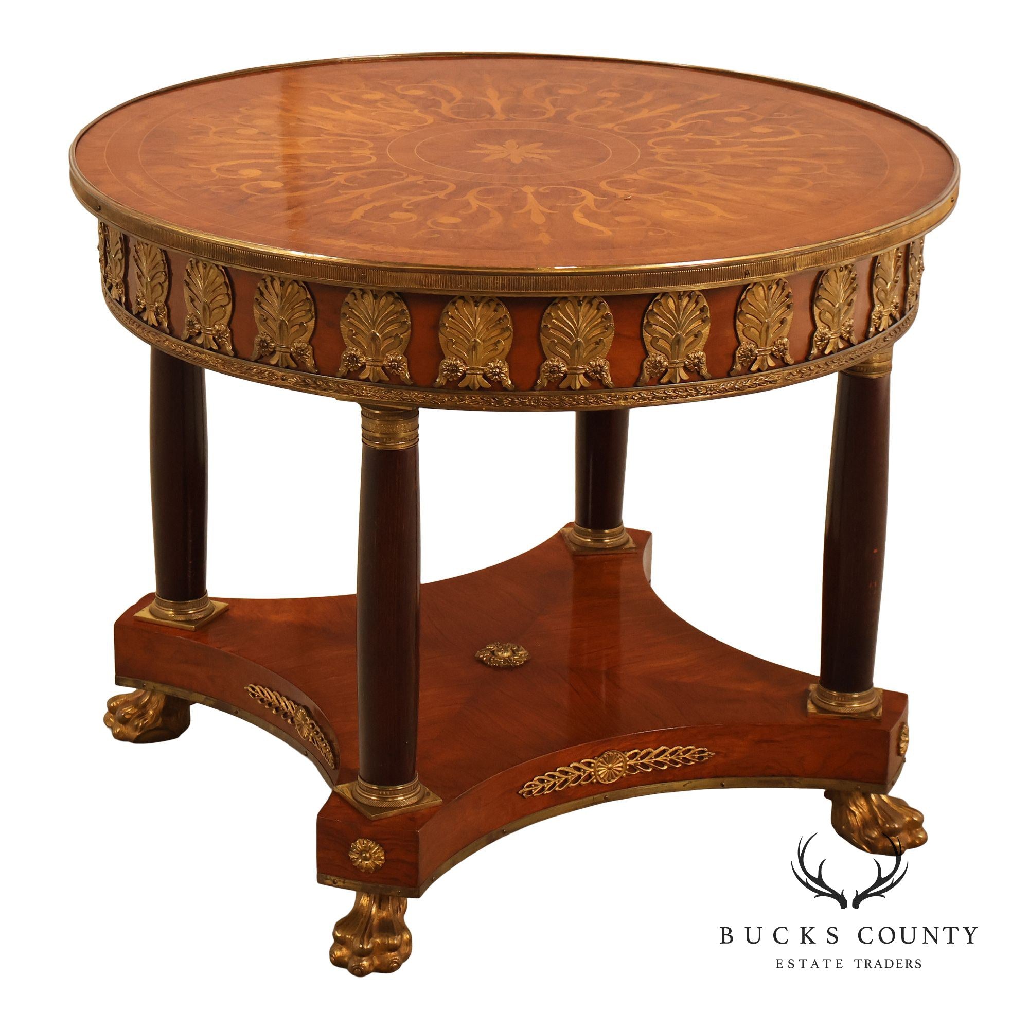 Empire Style Ormolu Mounted Round Marquetry Inlaid Cocktail Table