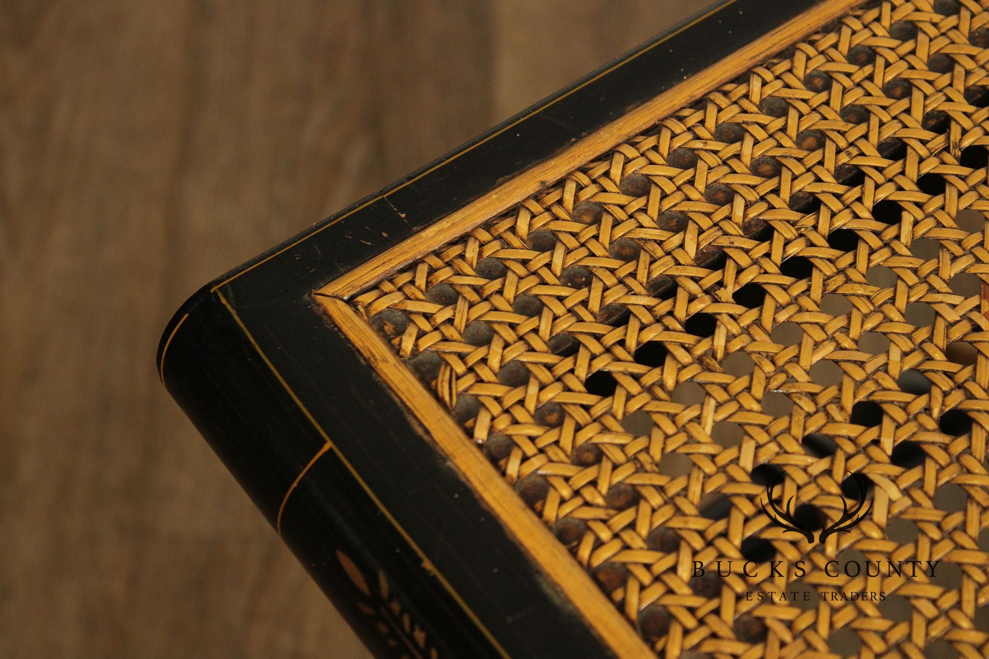 Pair Of L. Hitchcock Black And Gold Hand Stenciled Caned Benches