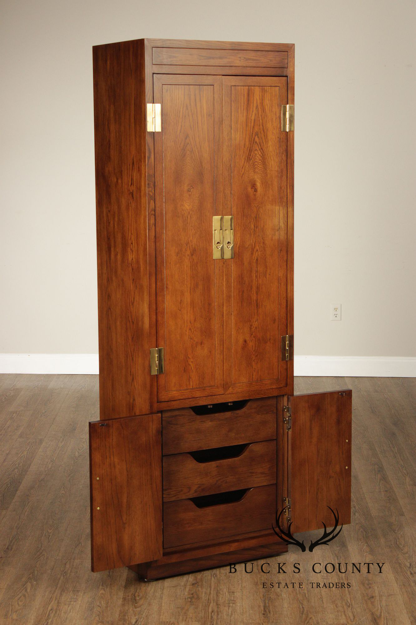 Henredon 'Scene One' Pair of Campaign Style Bedroom Armoire Cabinets