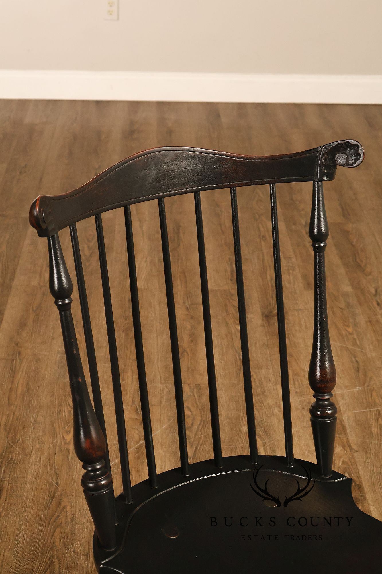 Custom Set Of Four Black Over Red Painted Fan Back Windsor Dining Chairs