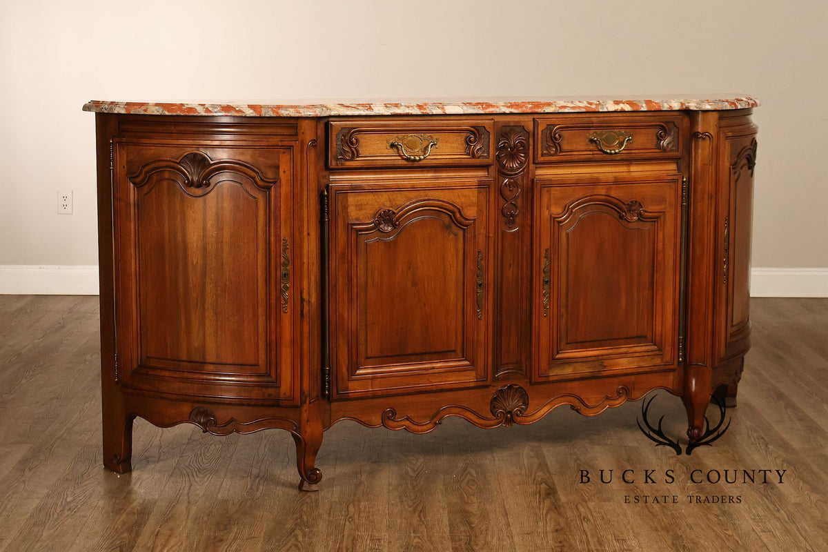 French Louis XV Style Carved Walnut Marble Top Buffet Sideboard