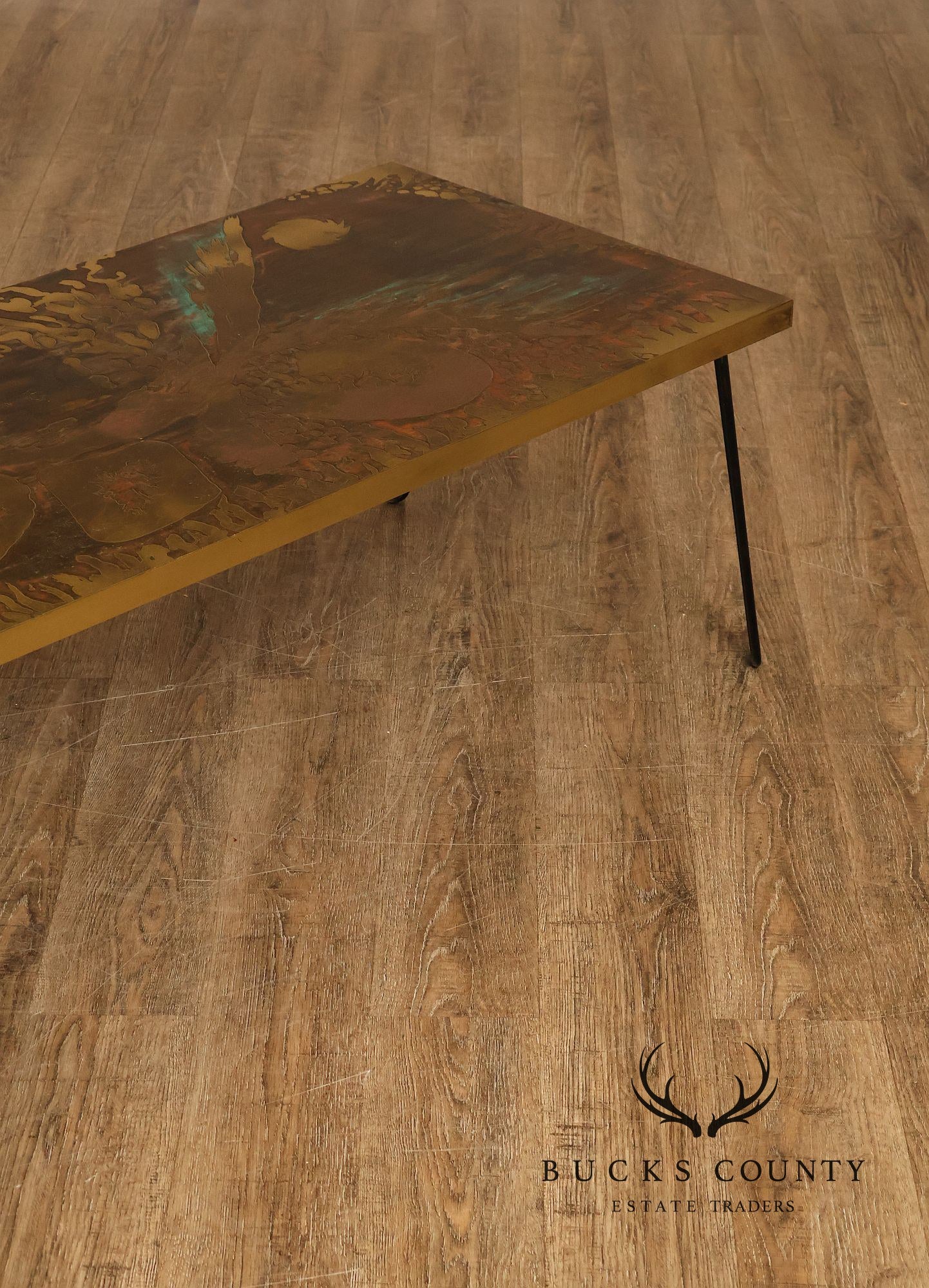 Mid Century Modern Acid Etched Brass Top Coffee Table With Hairpin Legs