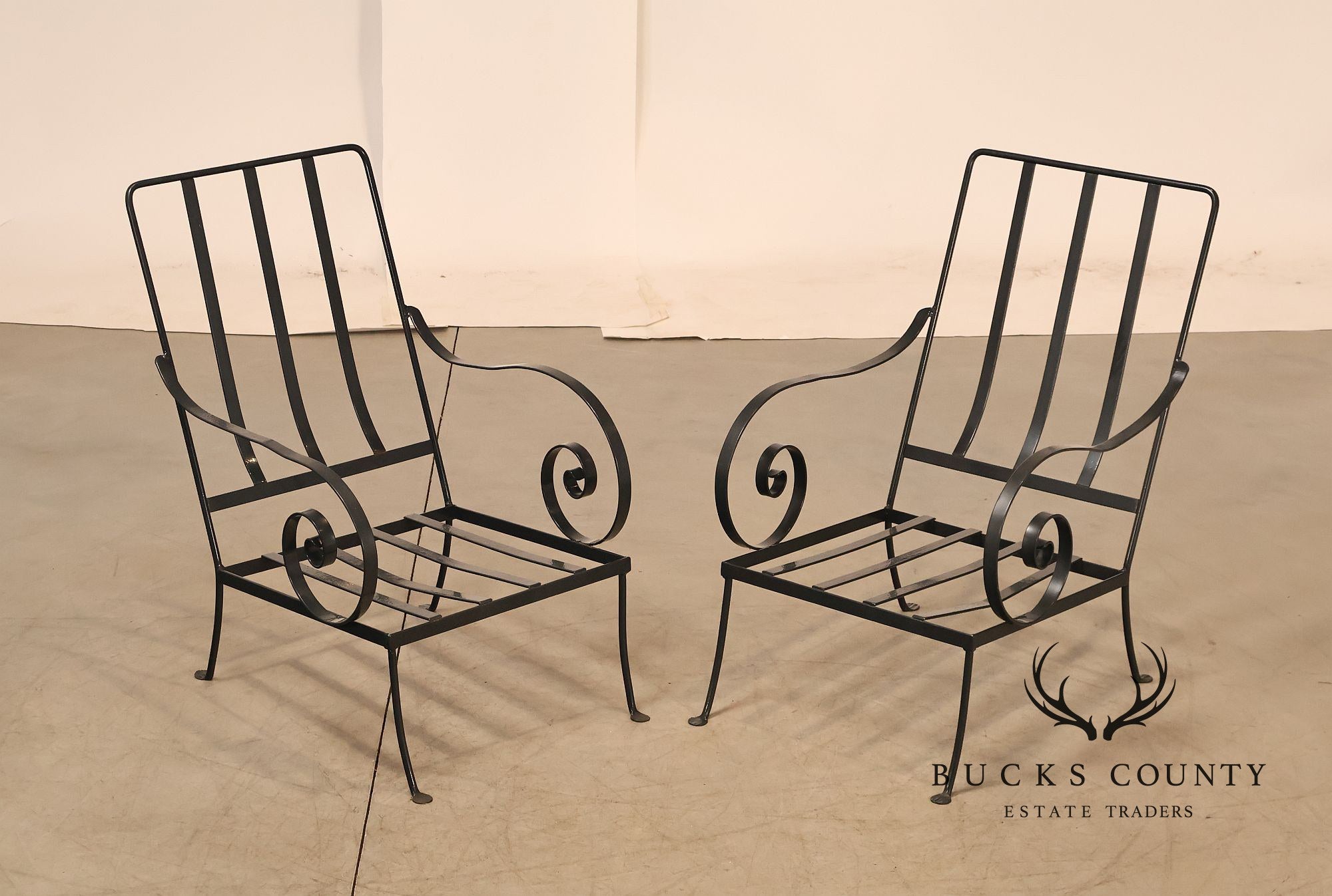 Vintage Pair of Wrought Iron Scroll Arm Lounge Chairs