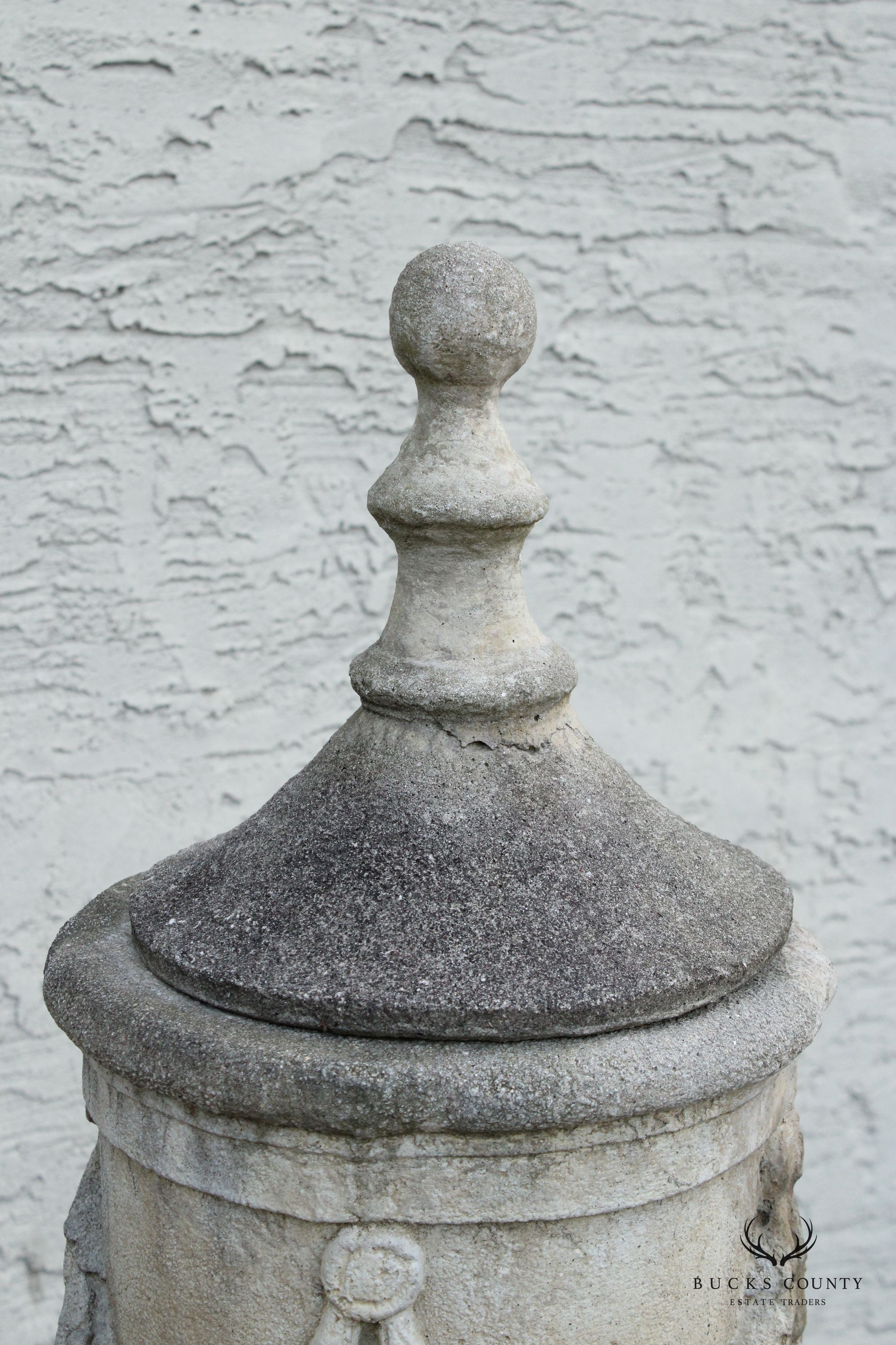 Pair Of Neoclassical Style Cast Stone Garden Urns On Pedestals