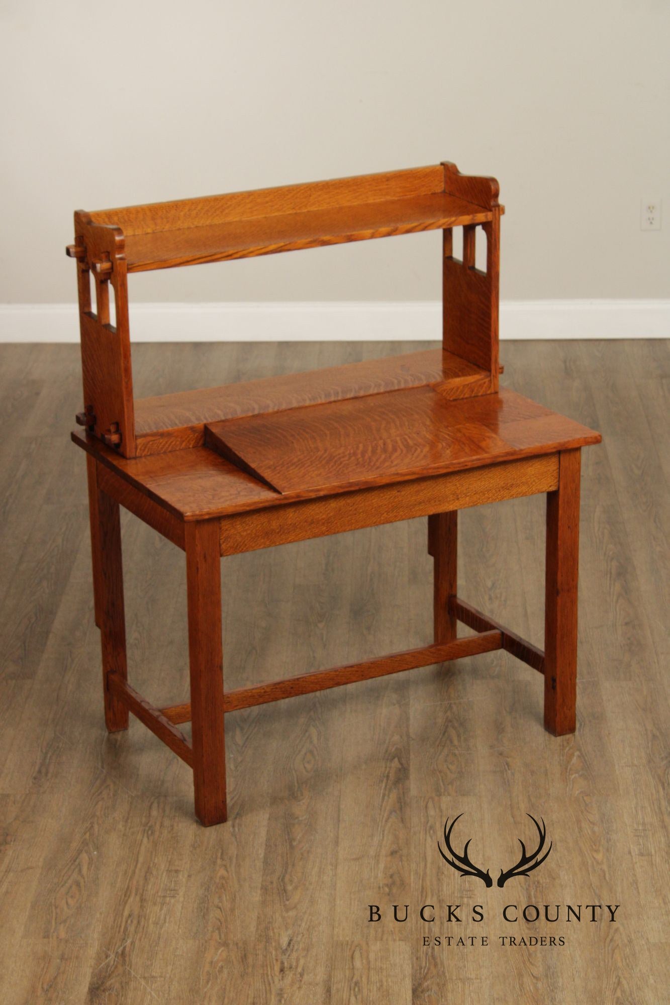 Antique Mission Oak Writing Desk With Bookcase Top