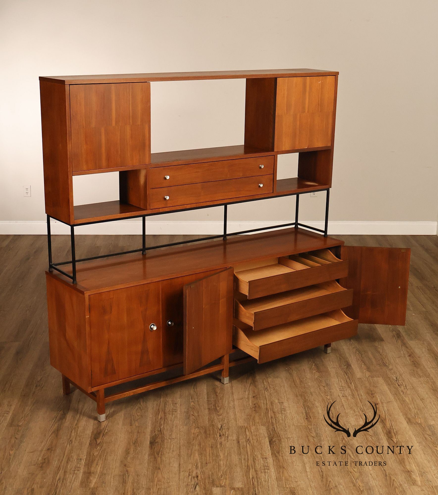 Stanley Mid Century Modern Walnut & Rosewood Inlaid Wall Unit Credenza