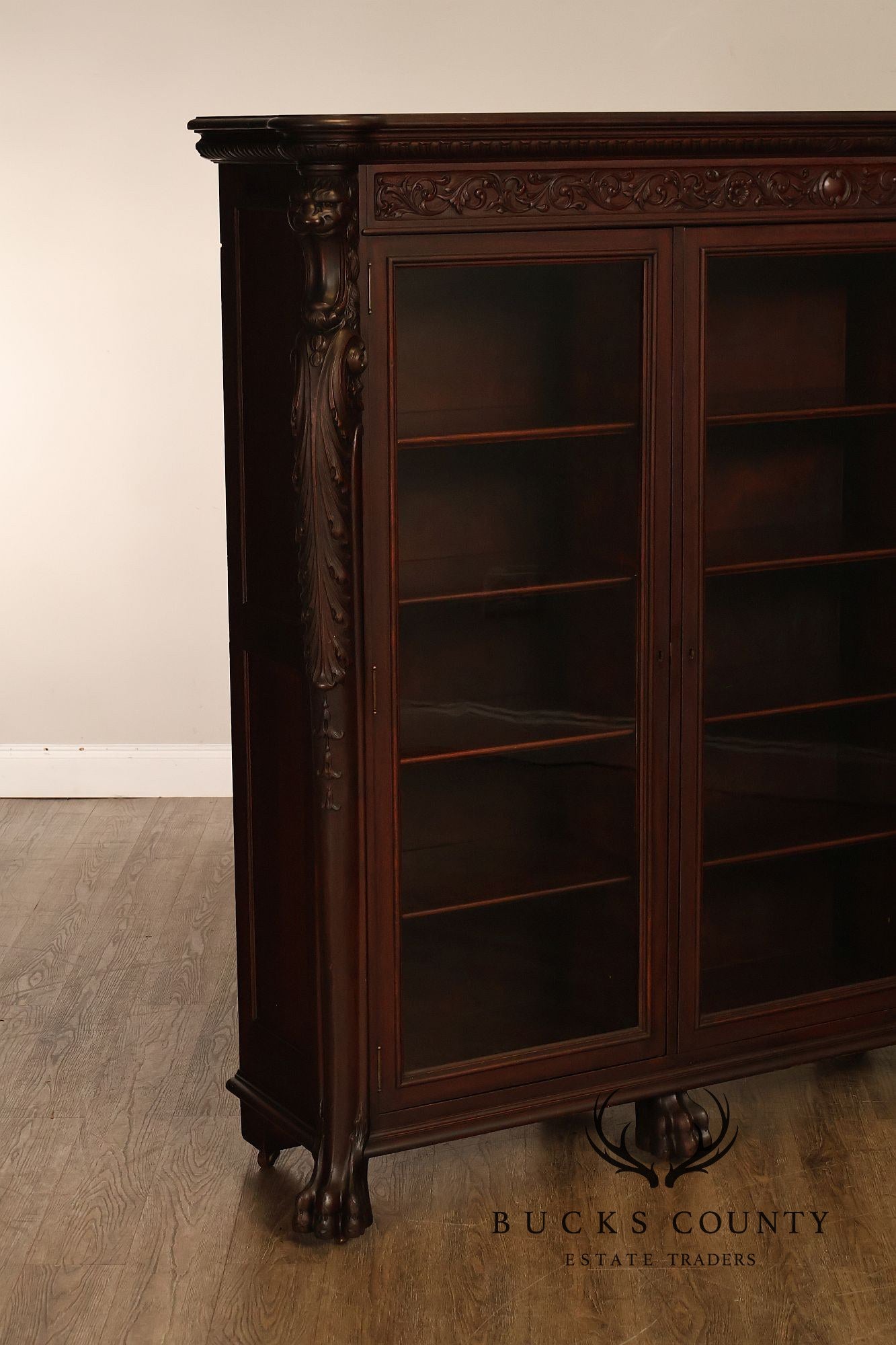 Antique R.J. Horner Lion Carved Mahogany Three-Door Bookcase