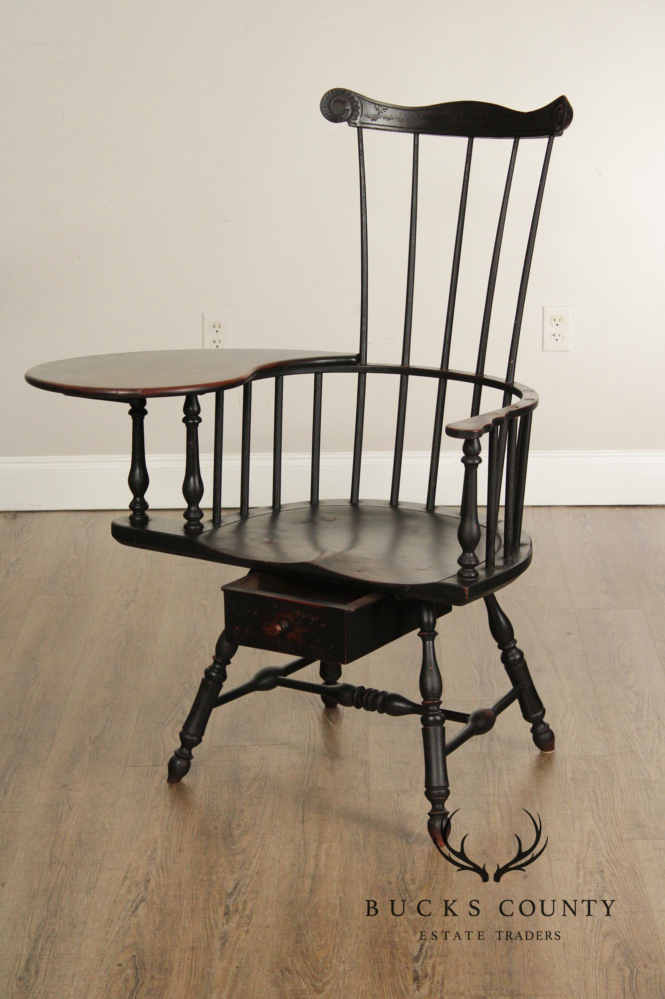 Quality Antique Reproduction Black Painted Writing Arm Windsor Chair