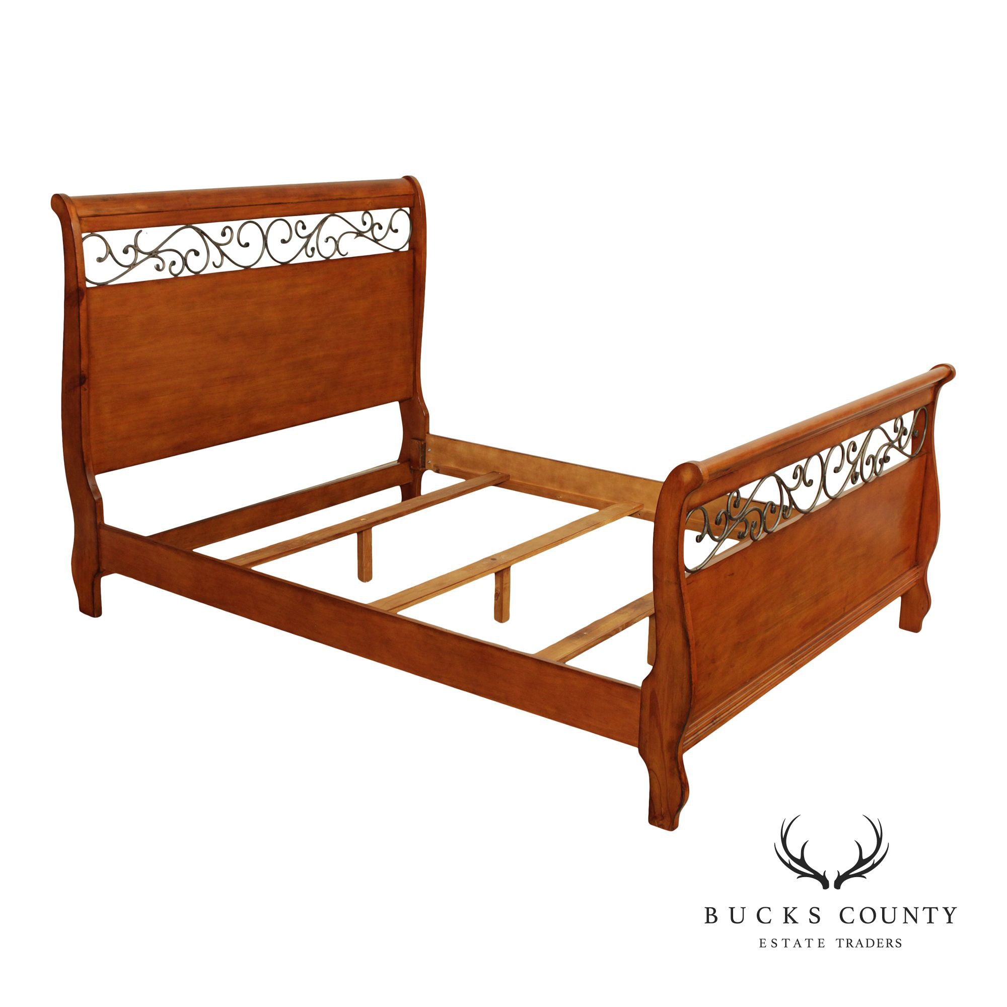 Queen Size Sleigh Bed With Iron Scroll Detail