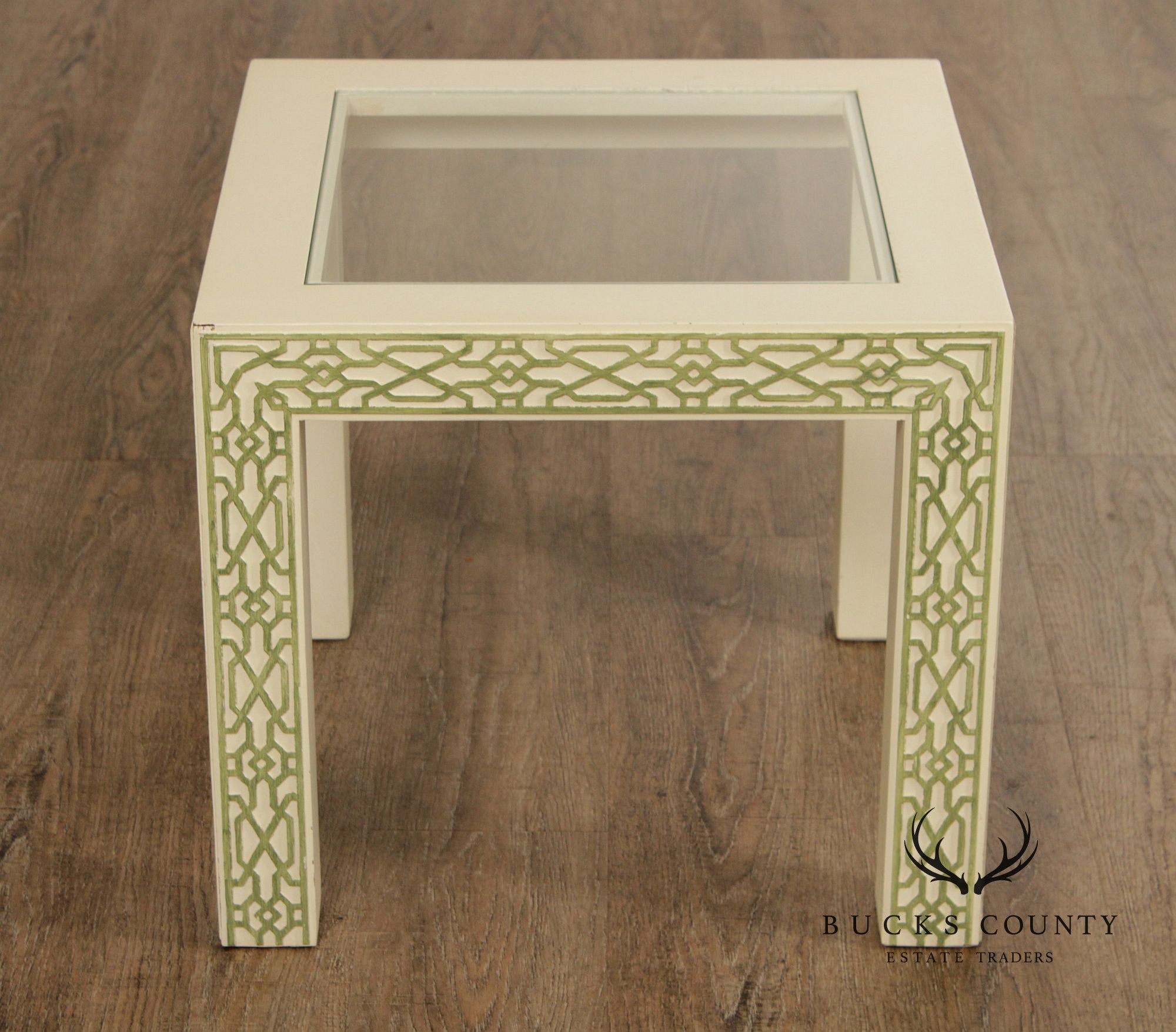 Hollywood Regency Pair Of Lacquered Greek Key Glass Top End Tables