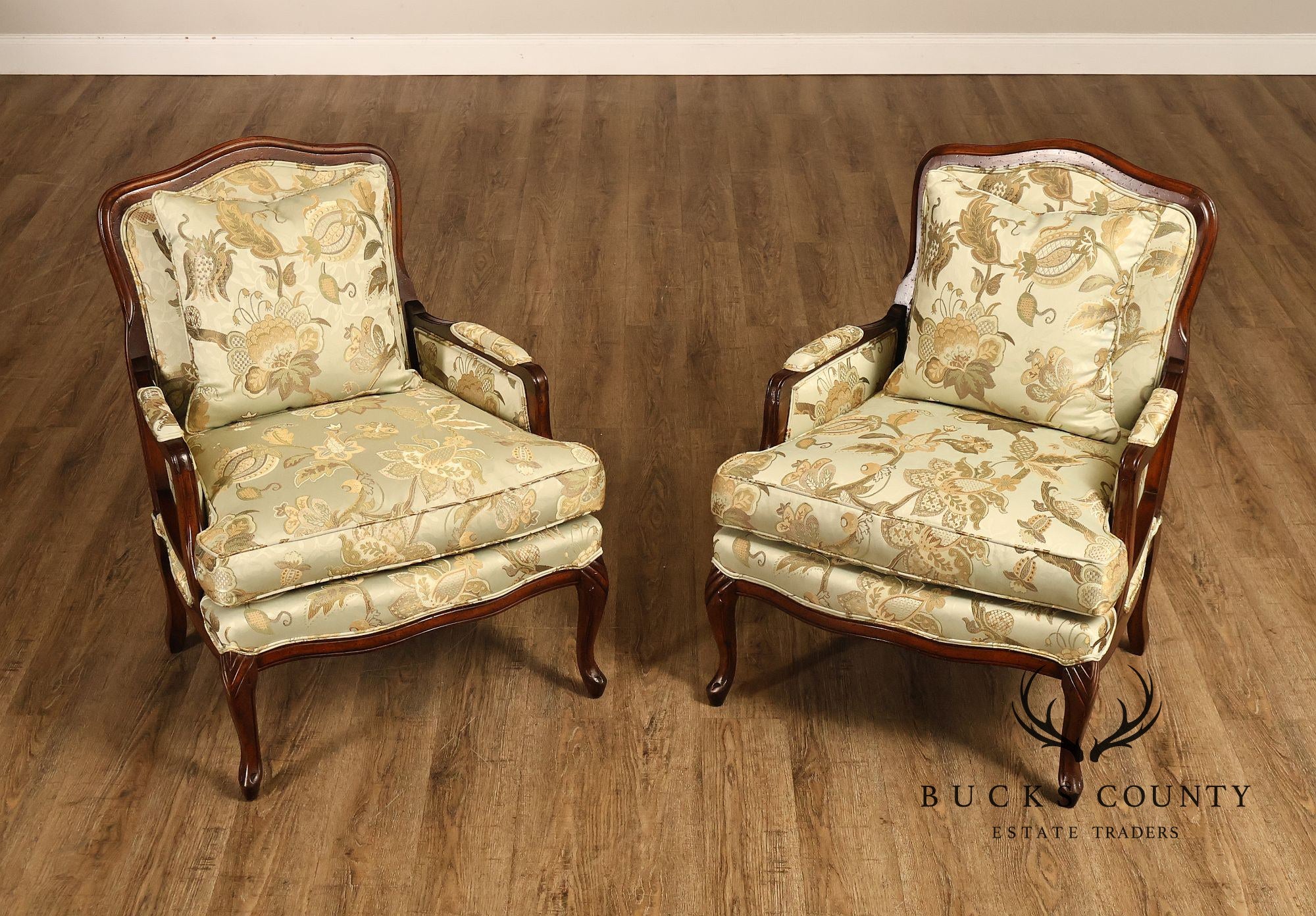 Louis XV Style Pair Of Bergere Upholstered Lounge Chairs