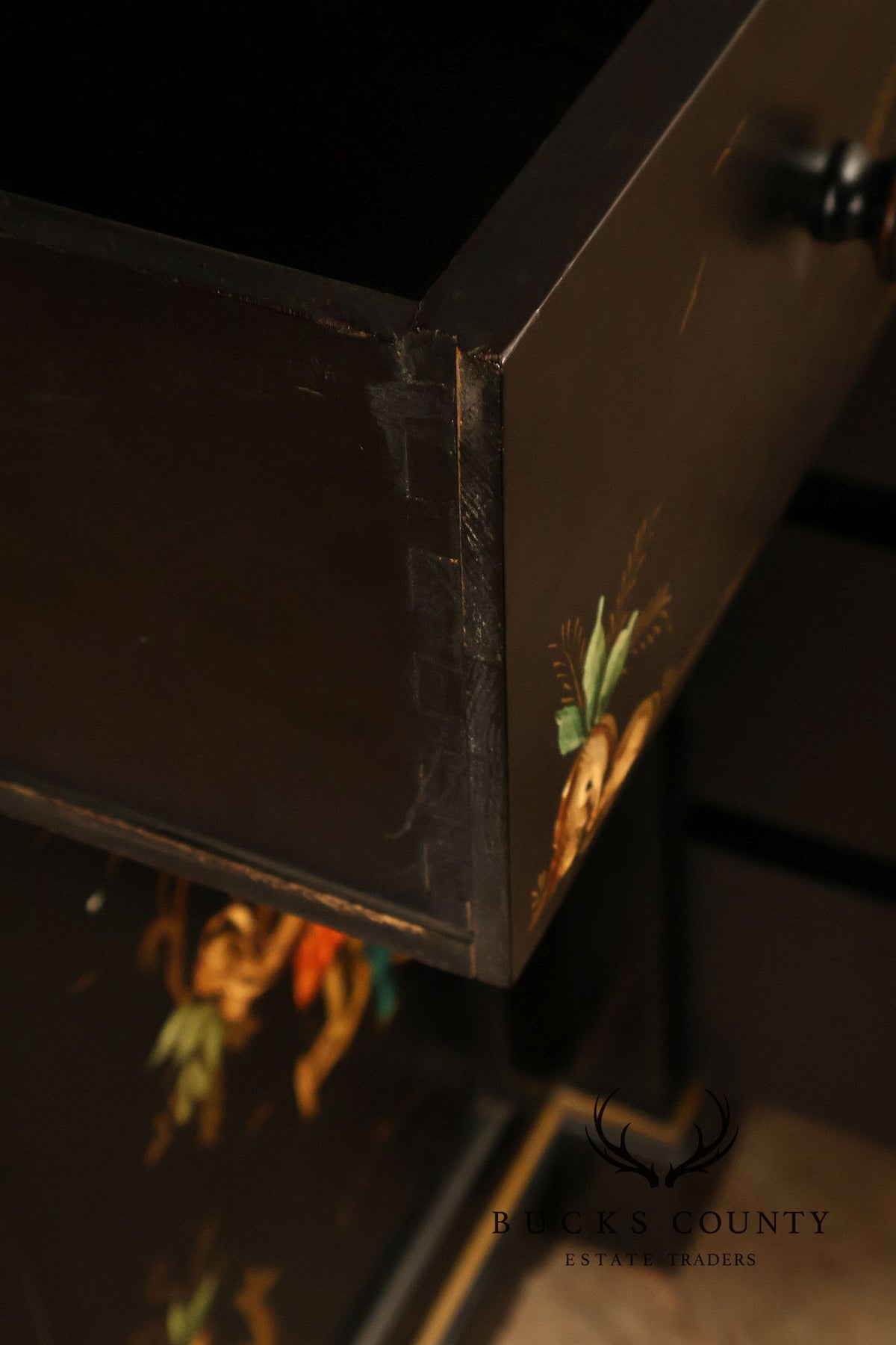 Chinoiserie Style Black Lacquer Hand Painted Sideboard With Hidden Secretary Desk