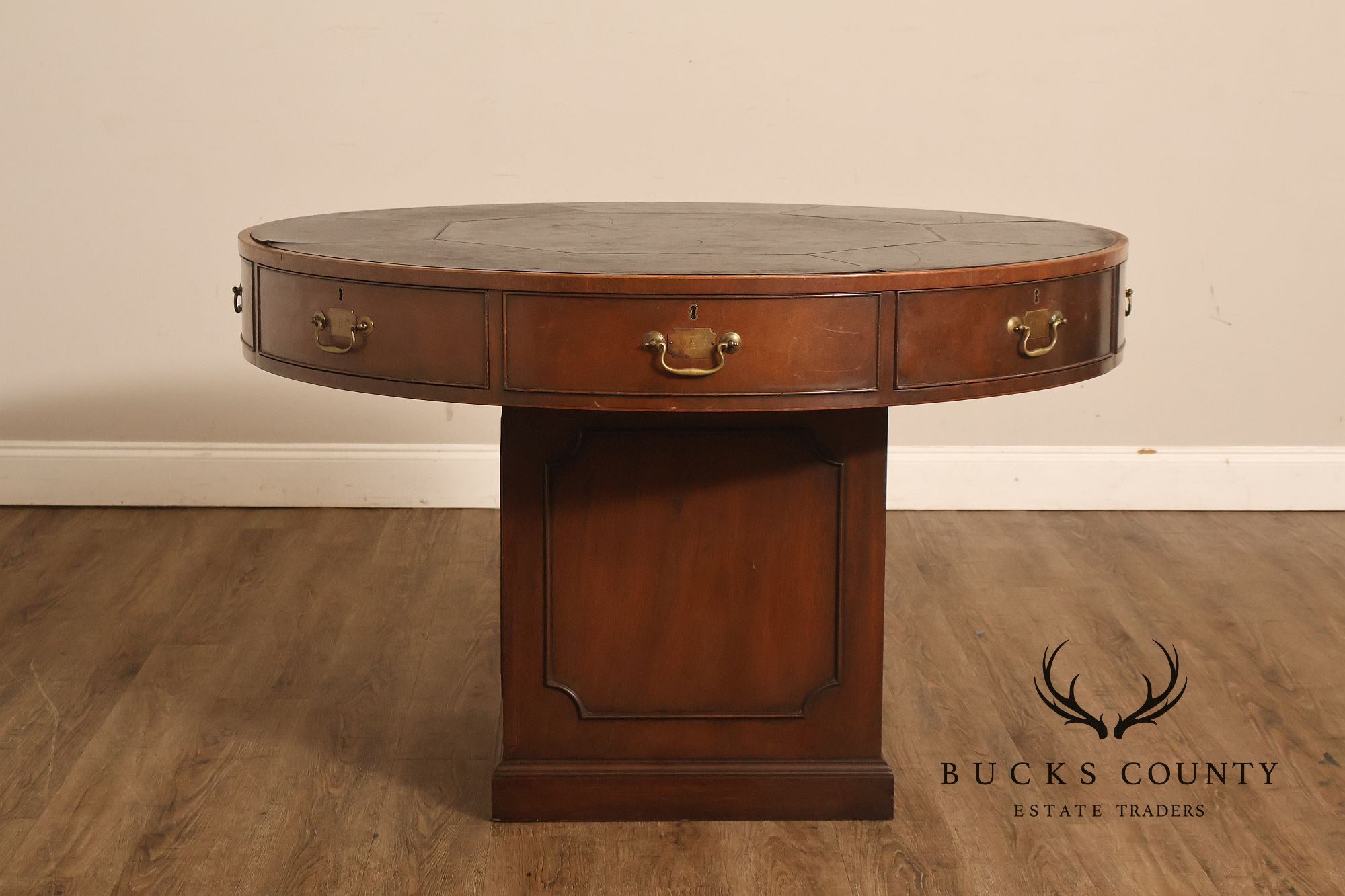 Kittinger Leather Top Round Rent Table With Drawers T295