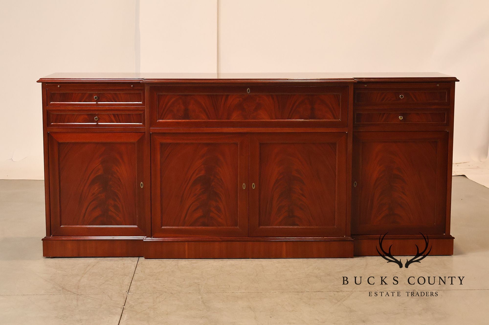 Flame Mahogany Breakfront Buffet Sideboard with Drop Front Secretary Desk