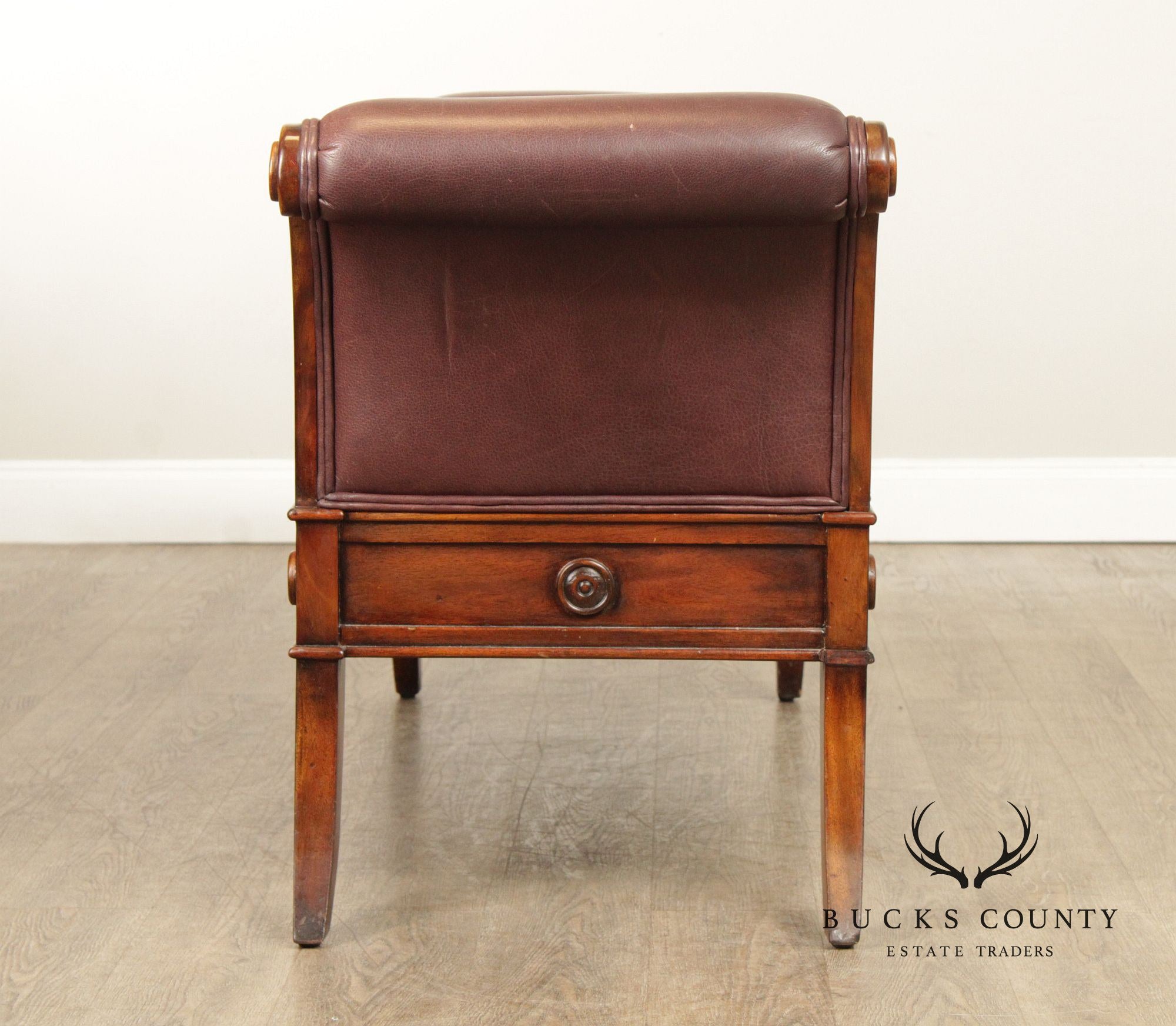 Theodore Alexander Carved Mahogany and Leather Window Bench