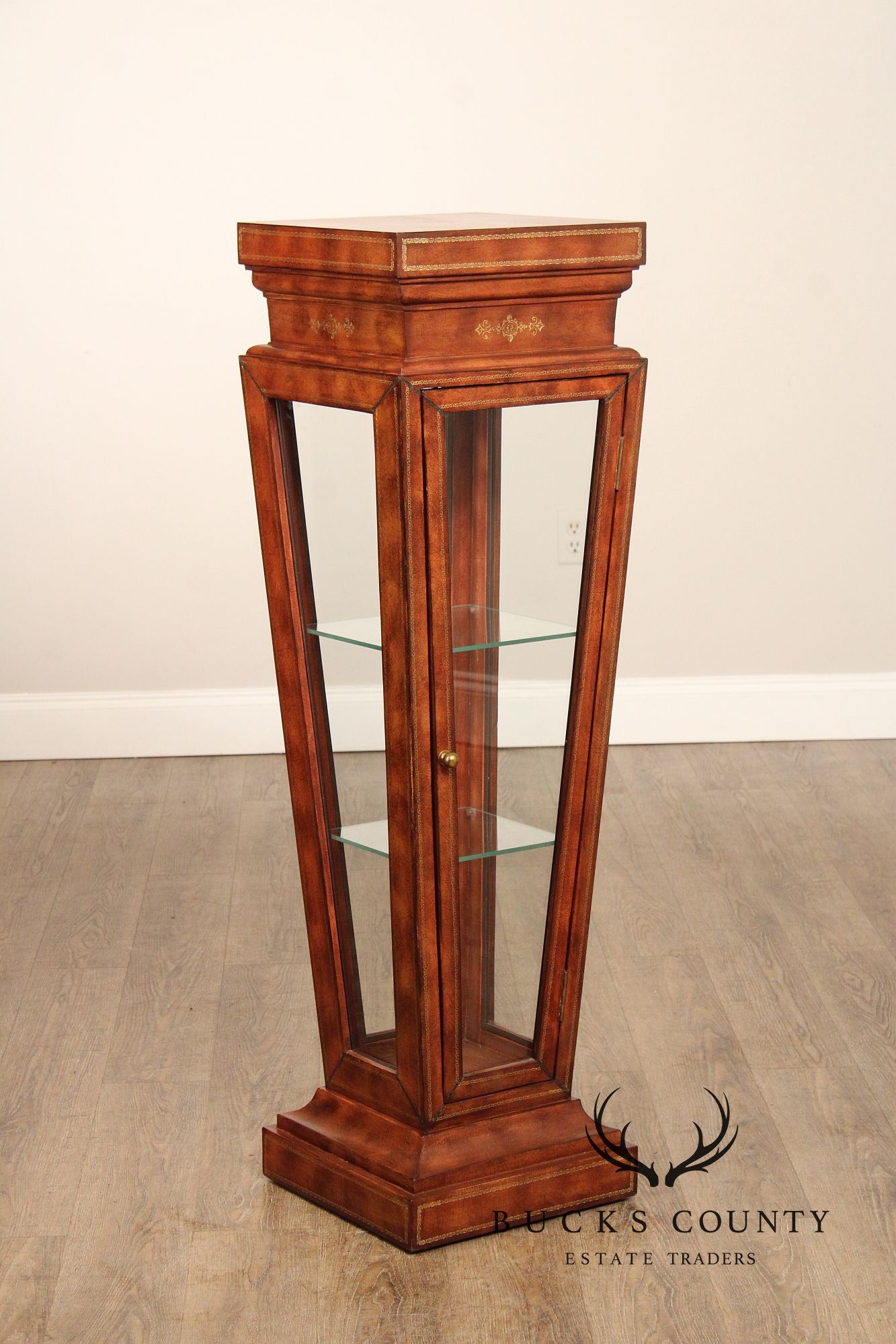 Maitland Smith Leather Wrapped Pedestal Display Cabinet