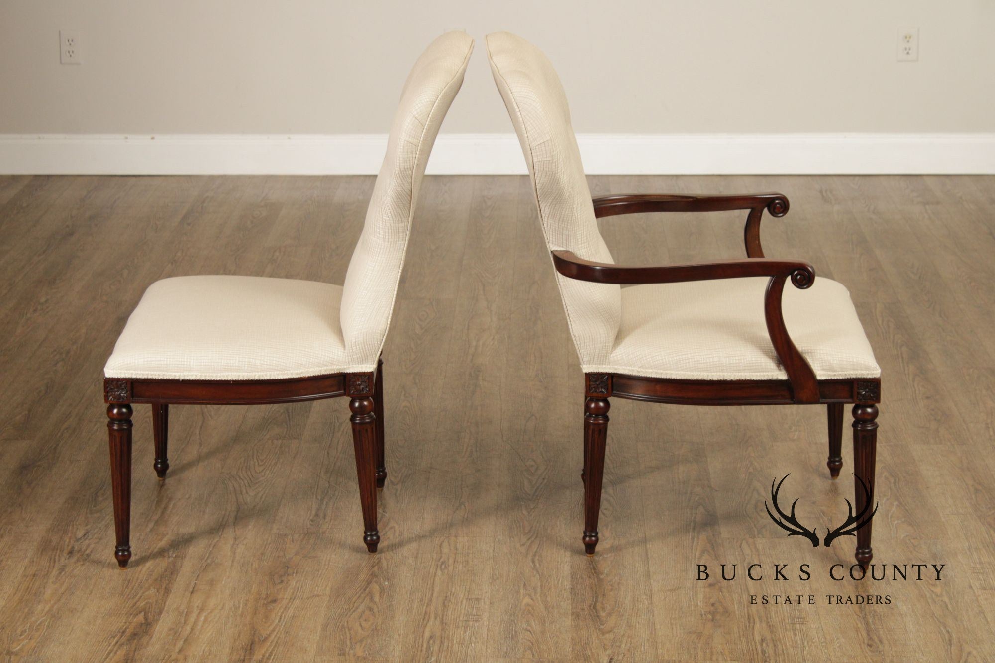 Maitland Smith French Louis XVI Style Set of Eight Mahogany and Upholstered Dining Chairs