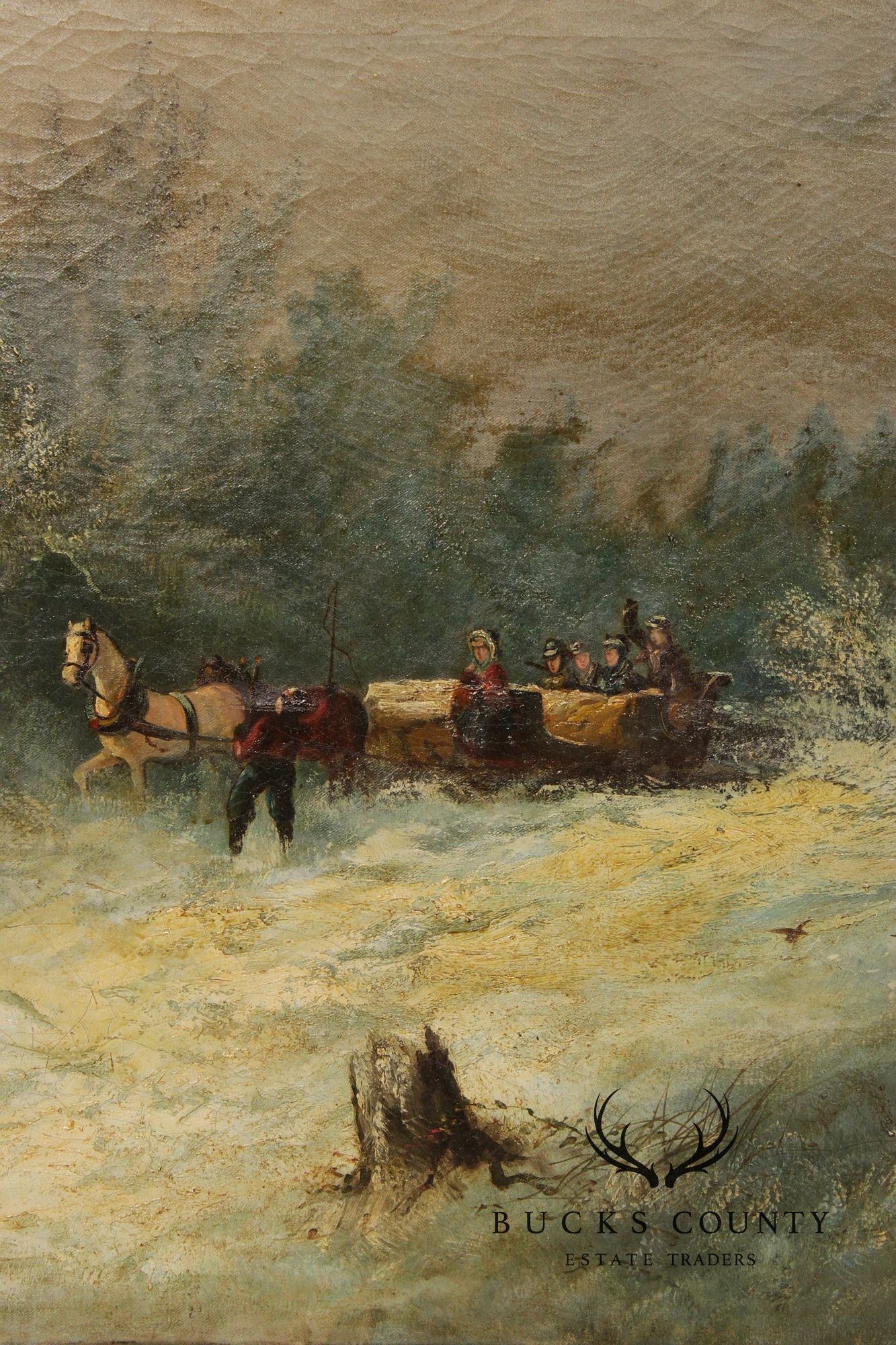 Continental School Large Winter Landscape Painting, Sleigh Ride