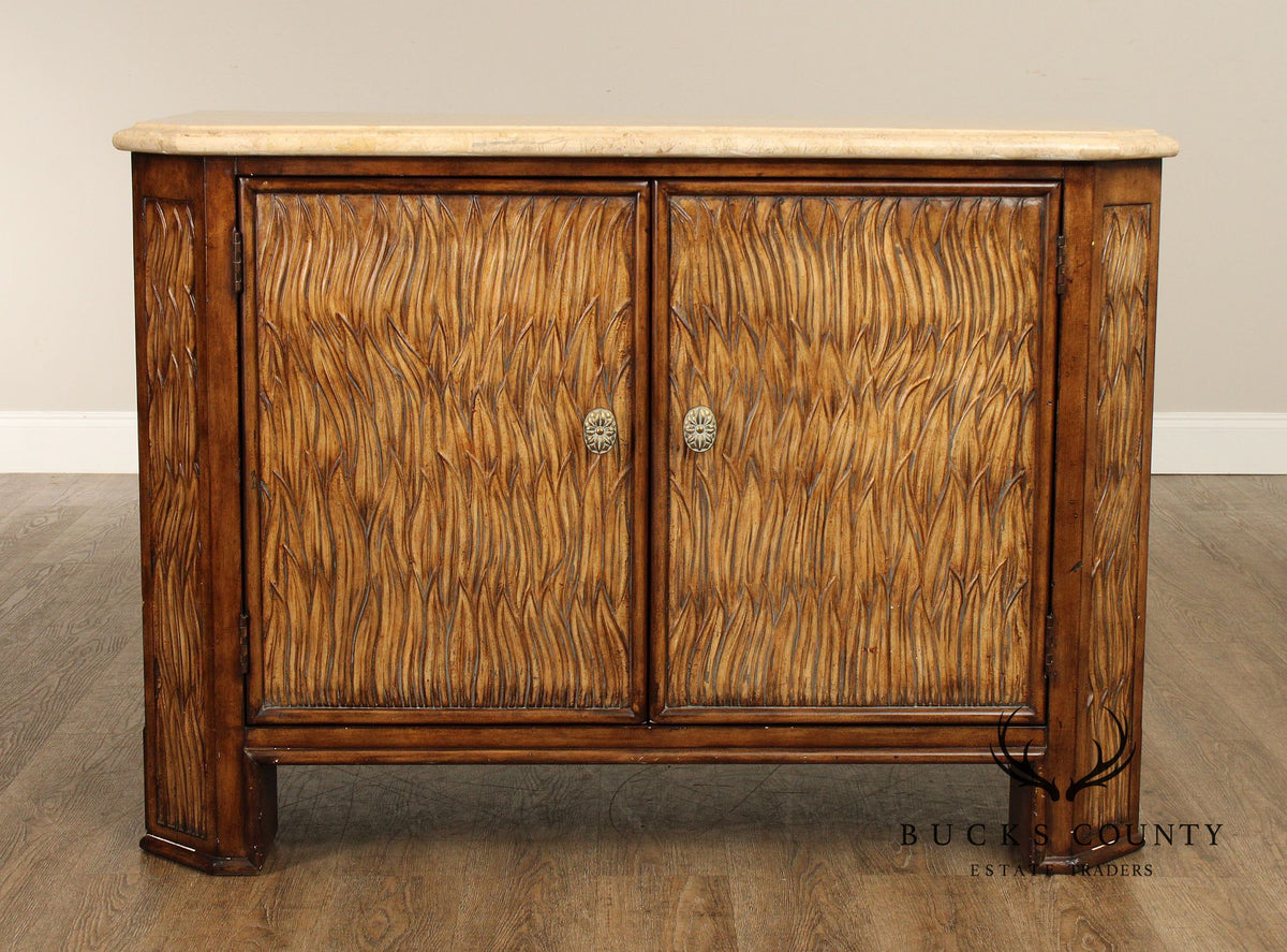 Hollywood Regency Travertine Top Console Cabinet