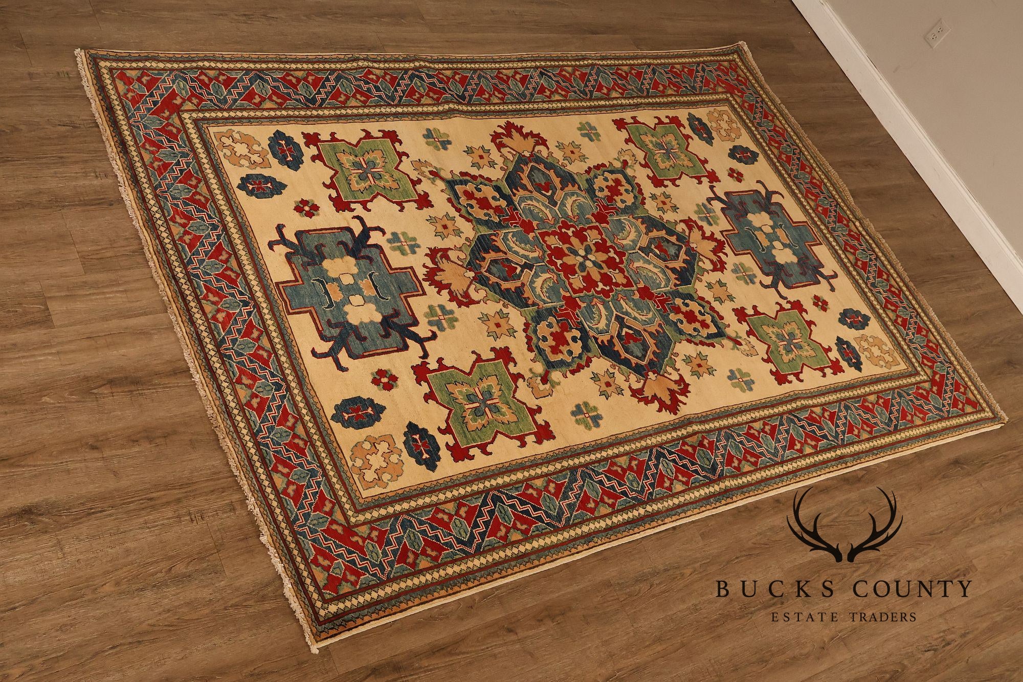 Afghan Kazak Style Wool Area Rug With Central Medallion 6x9