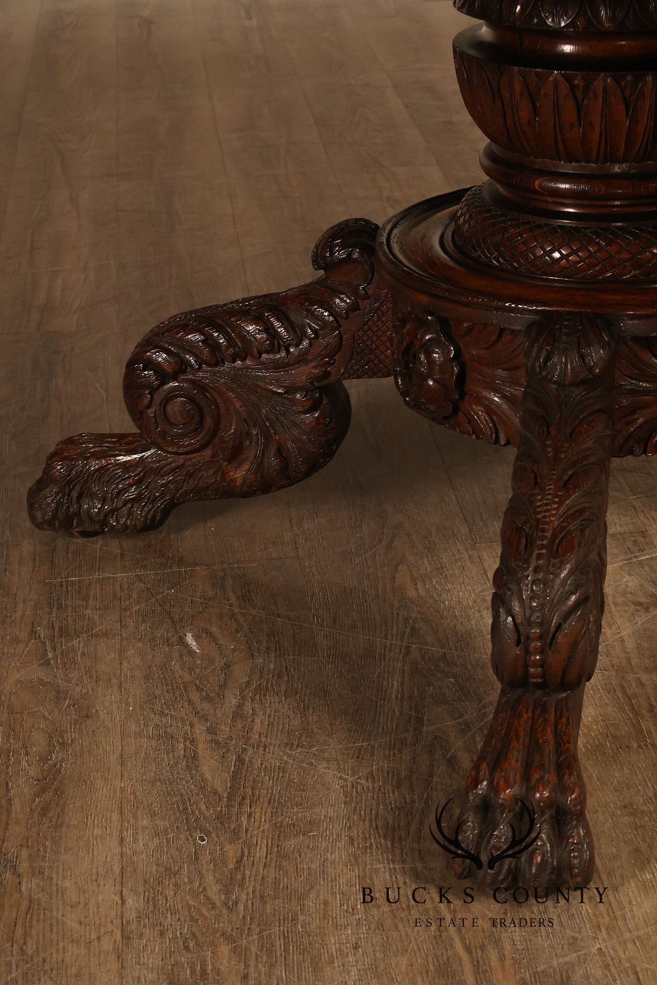 Antique 57 inch Round Oak Pedestal Dining Table With Carved Claw Feet